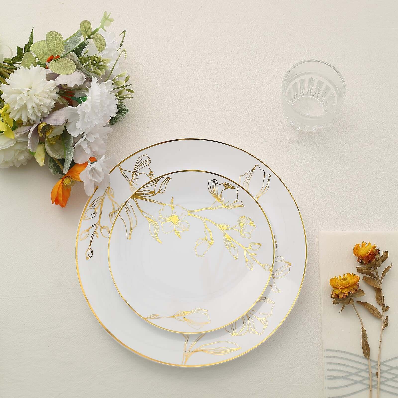 Set of 20 Plastic Round Dinner and Dessert Plates in White with Metallic Gold Floral Design - Stylish Disposable Dinnerware for Banquets & Special Occasions 8", 10"