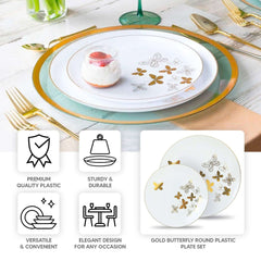 Set of 20 Plastic Round Dinner and Salad Plates in White with Gold Butterfly Design & Gold Rim - Stylish Disposable Dinnerware for Buffets & Catered Events 8", 10"
