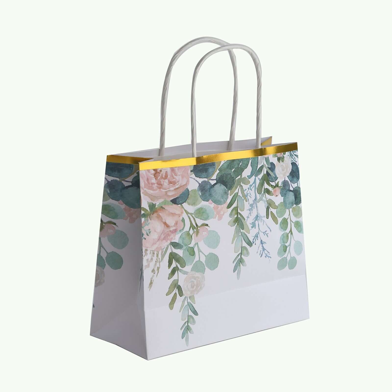12 Pack White Pink Peony Flower Paper Party Favor Bags With Handles, Gift Goodie Bags With Gold Edge - 6"x7"