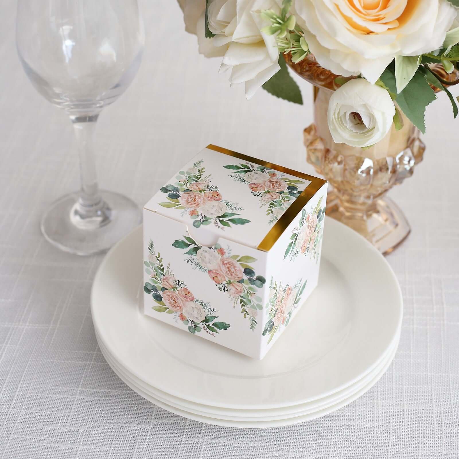 25 Pack White Pink Peony Flowers Print Paper Favor Boxes with Gold Edge, Cardstock Party Shower Candy Gift Boxes - 3"x3"x3"