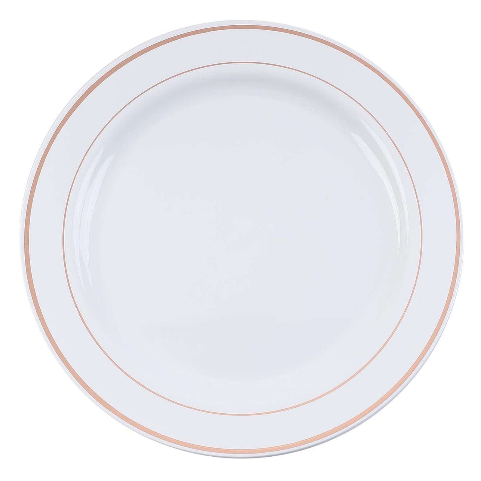 10-Pack Plastic Dessert Plates White with Très Chic Rose Gold Rim - Disposable Plates for Parties 8"