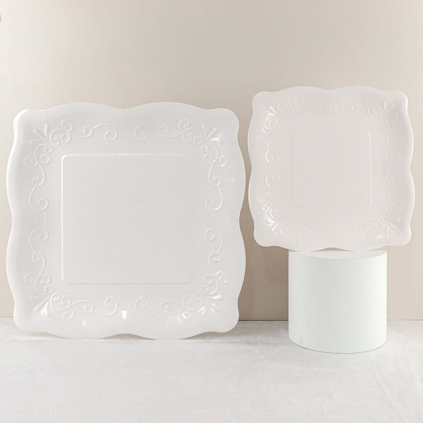 25-Pack Paper 7" Square Dessert Plates in White with Vintage Pottery Embossed Design - Shiny Disposable Appetizer Plates