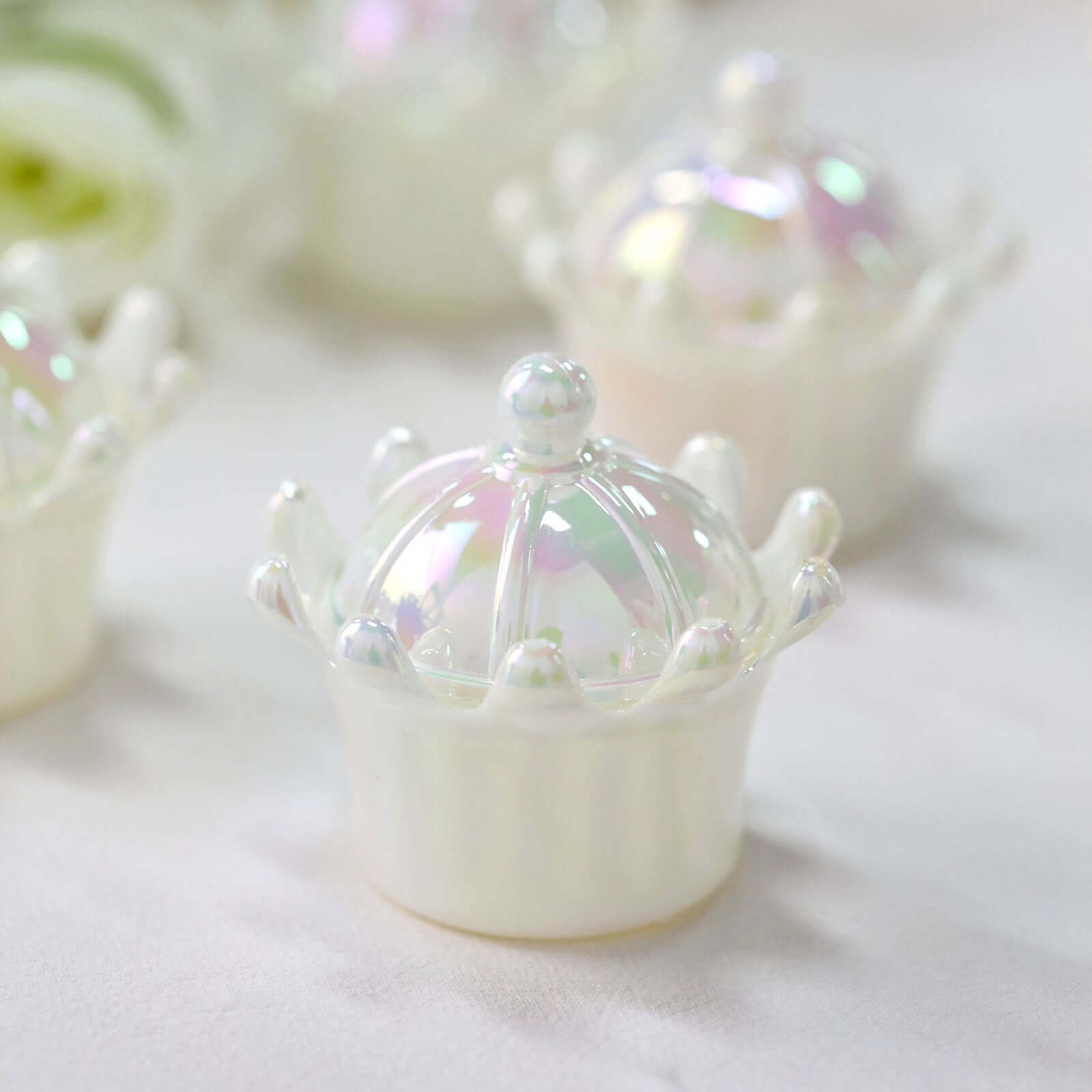 12 Pack 3" White Fillable Mini Crown Treat Favor Boxes, Small Candy Container Gift Boxes With Iridescent Dome Lids