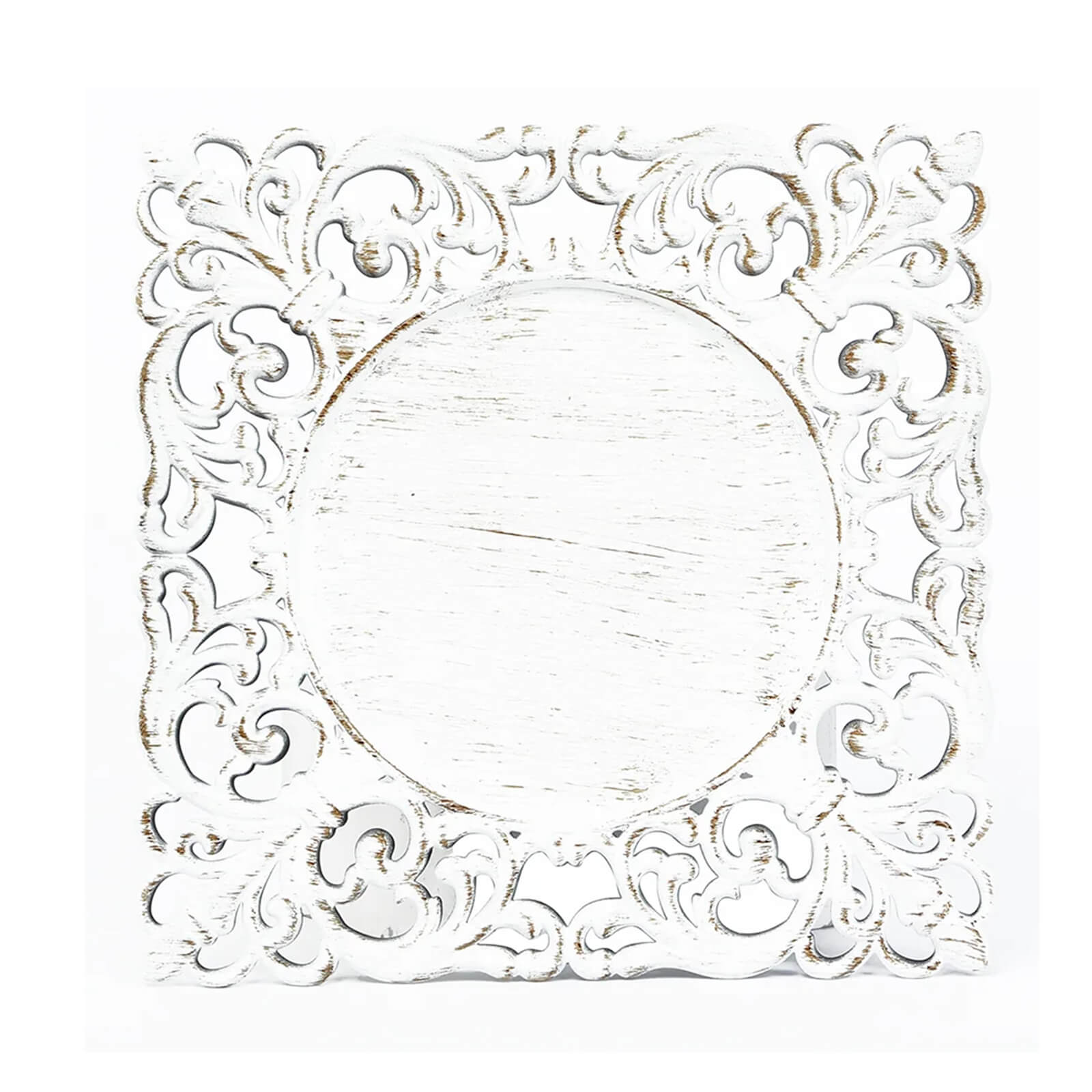 6-Pack Acrylic Square Charger Plates 12" Whitewashed with Hollow Lace Border, Event Tabletop Decorative Charger Tableware