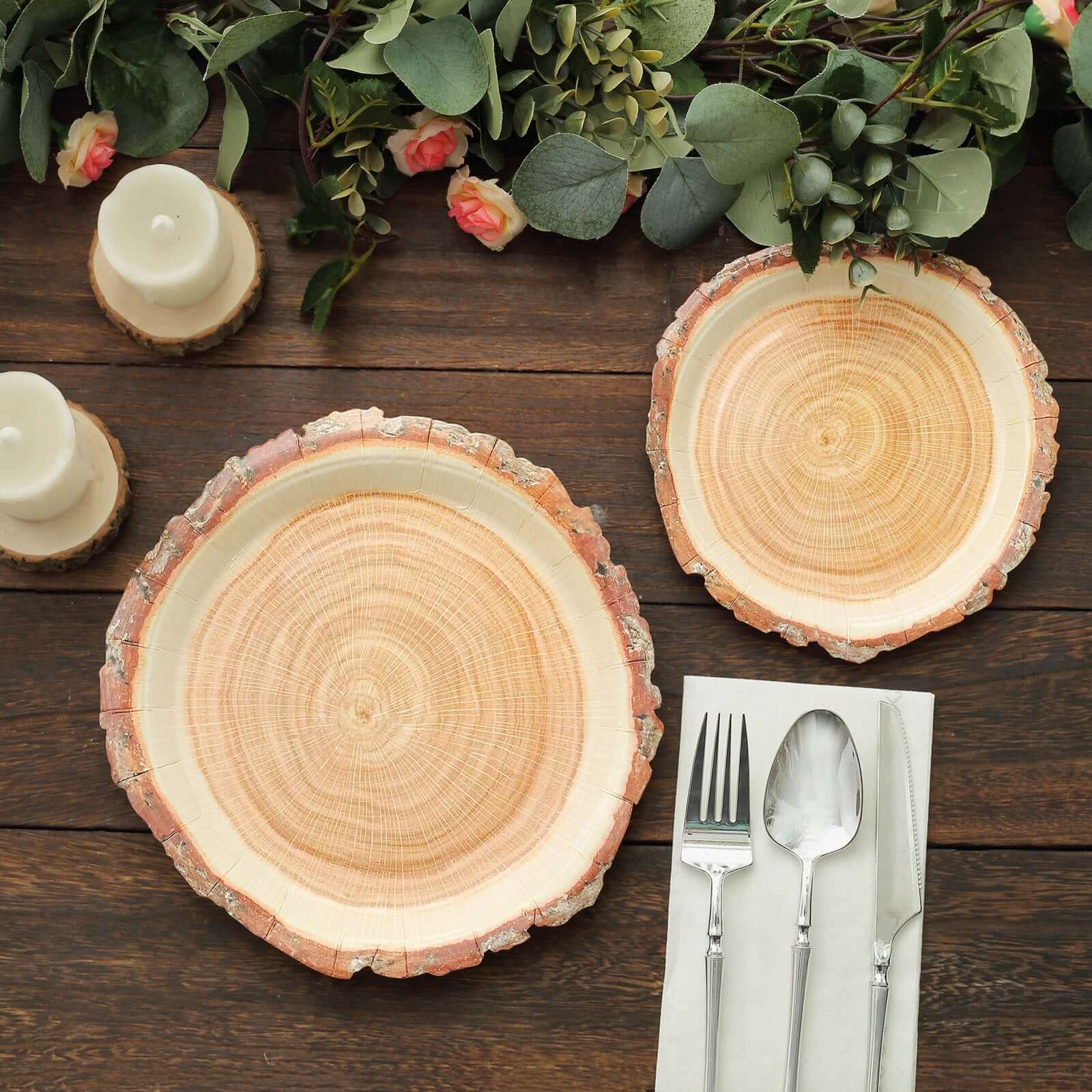 25-Pack Paper 10" Round Dinner Plates in Natural Wood Slice Print - Rustic & Nature-Inspired Disposable Party Plates