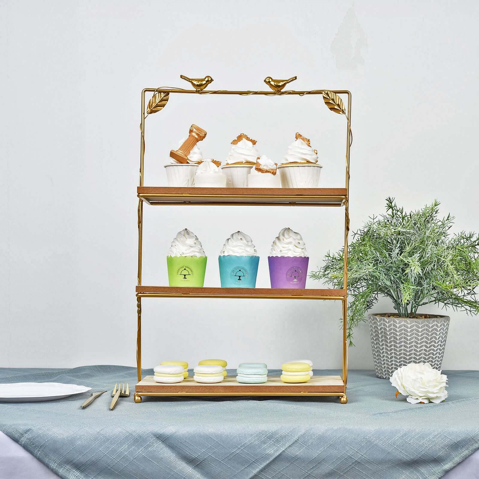 3-Tier Wooden Cheese Board Stand Rectangular Gold/Wood Slice Design - Rustic Cupcake Tower Centerpiece with Assembly Tools 19"
