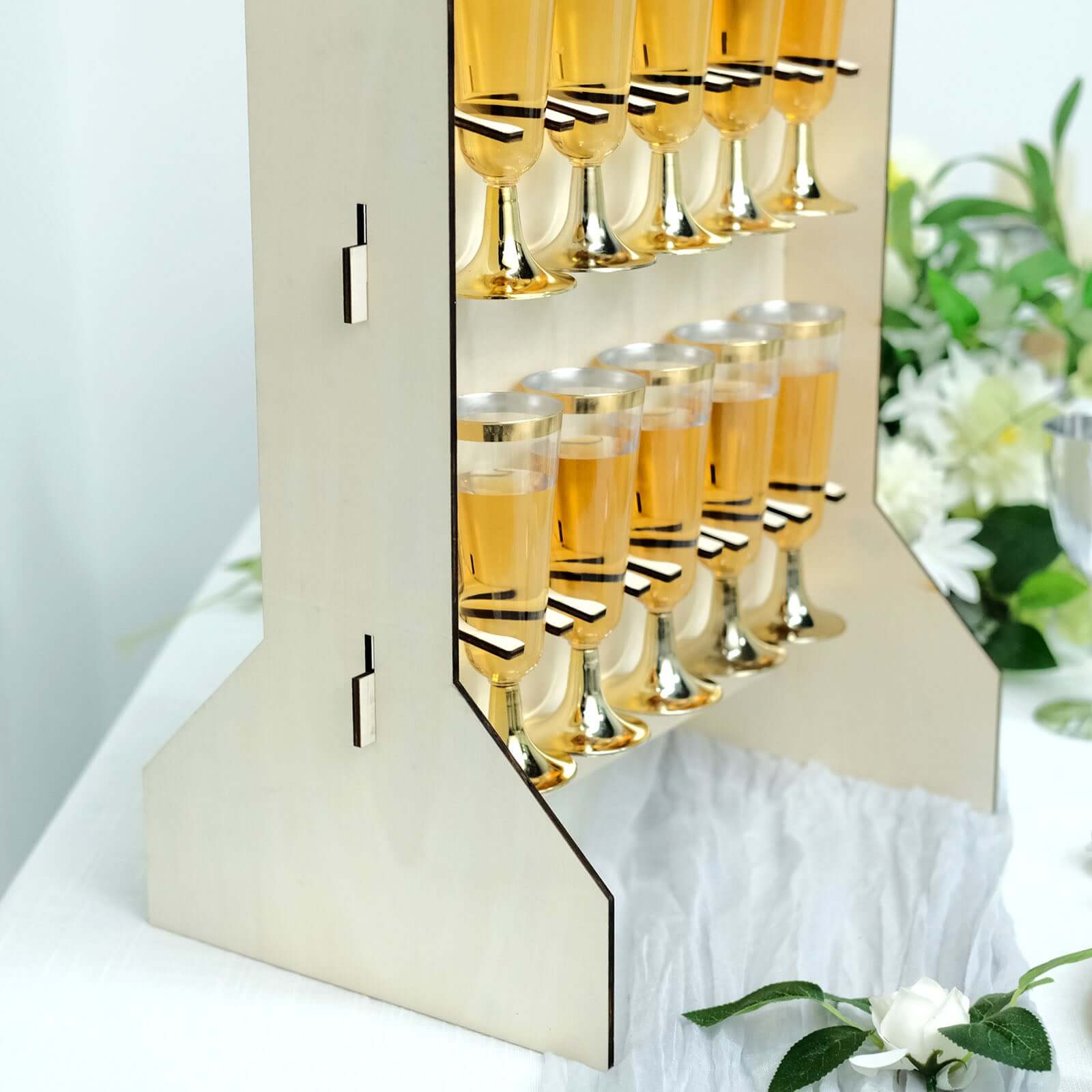 3-Tier Wooden Rectangle Champagne Wall Glass Holder in White - Floor Standing 15 Stemware Rack Cocktail Display Drink Organizer for Rustic Events & Banquets