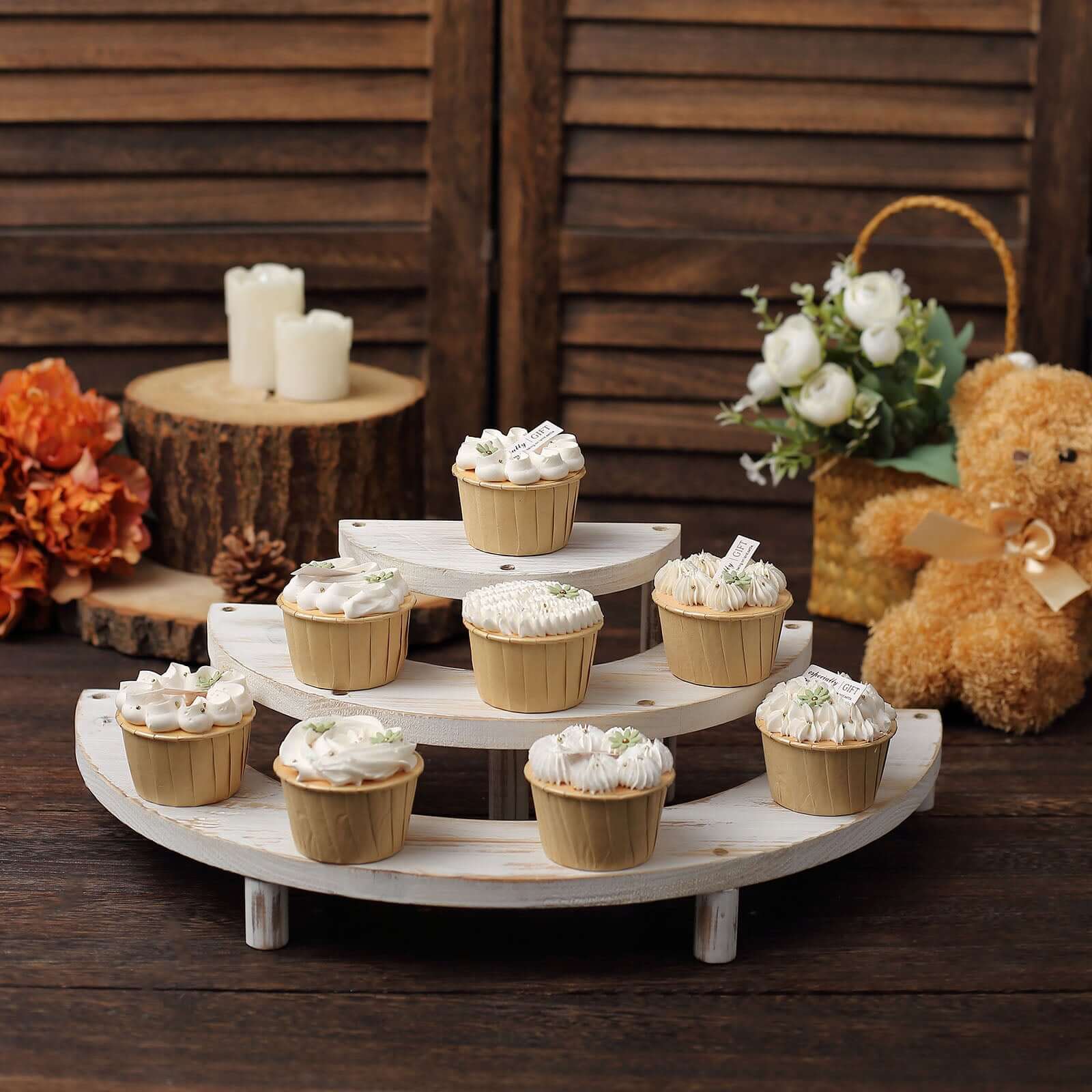 Set of 3 Wooden Dessert Pedestals Rustic Whitewashed 3-Tier Semicircle Design - Half Moon Cupcake Display Risers 7", 13", 18"