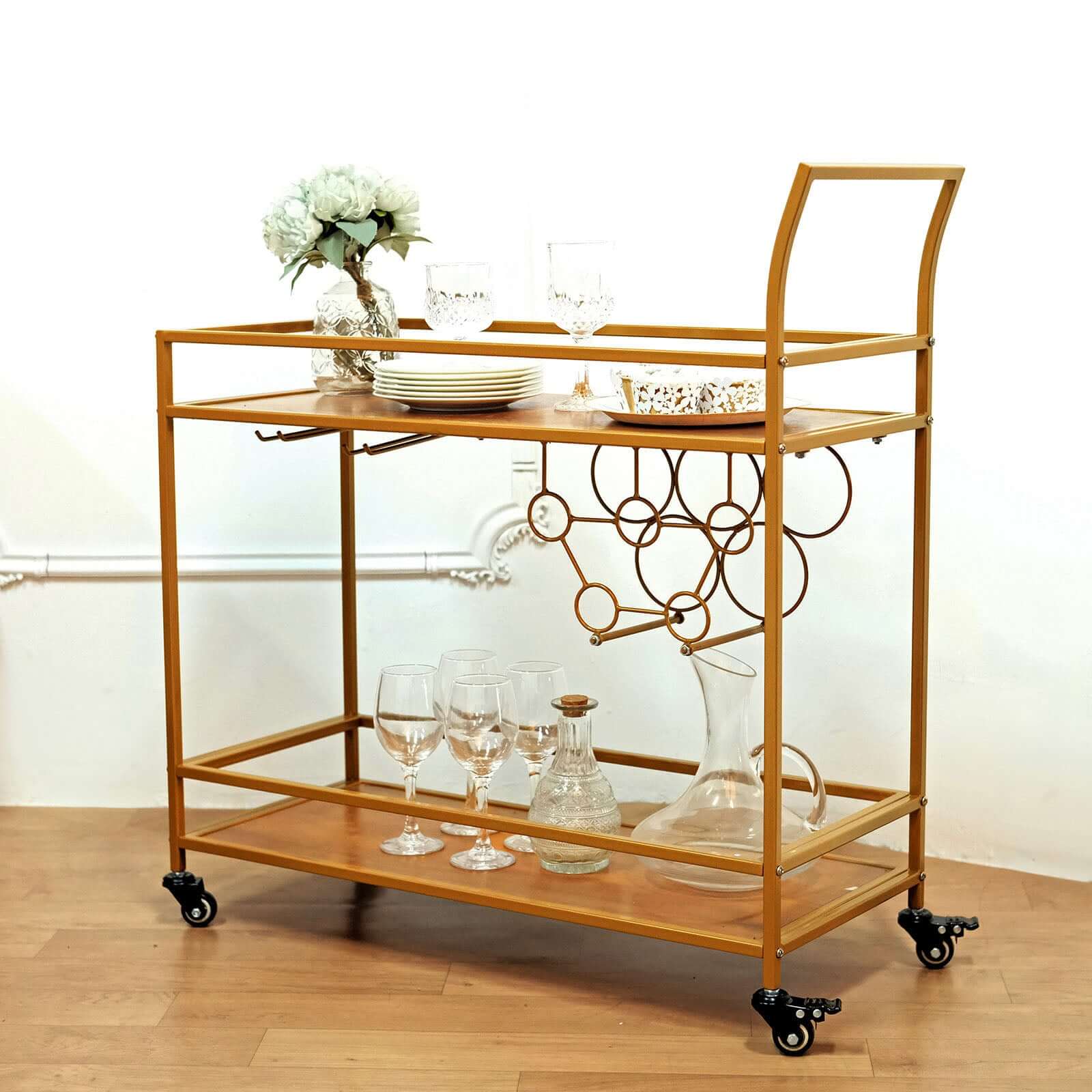 Gold Metal Bar Cart with Wooden Serving Trays 2-Tier - Wine Rack Holds 5 Bottles and 2 Glasses for Events 3ft