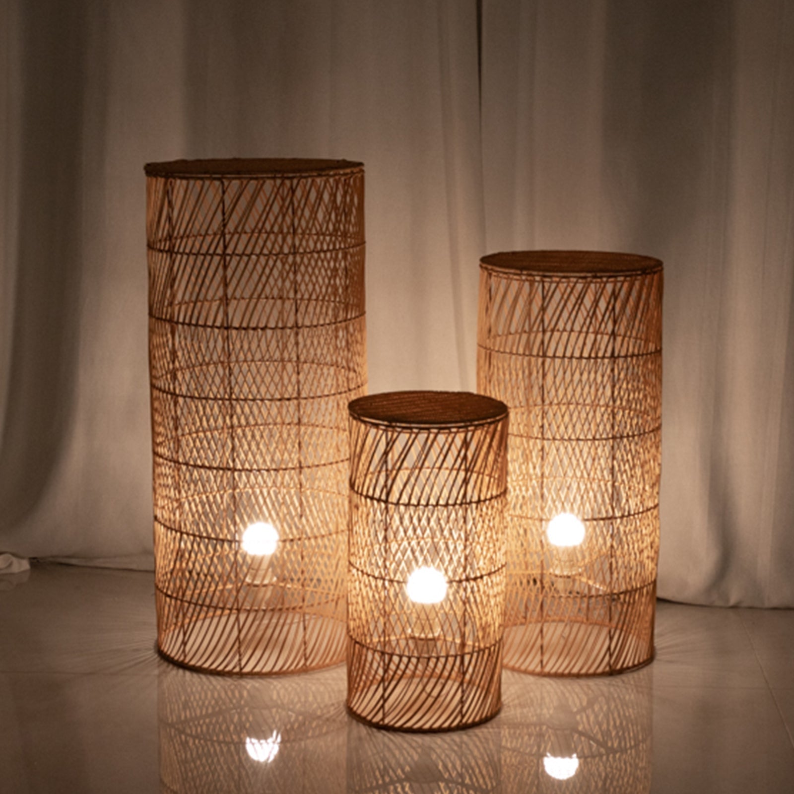 Set of 3 Natural Woven Rattan Wicker Pedestal Stand Floor Lamp Shades with Wave Pattern, Rustic Farmhouse Cylinder Display Stands With Plug In Light Cord - 19",27",33"