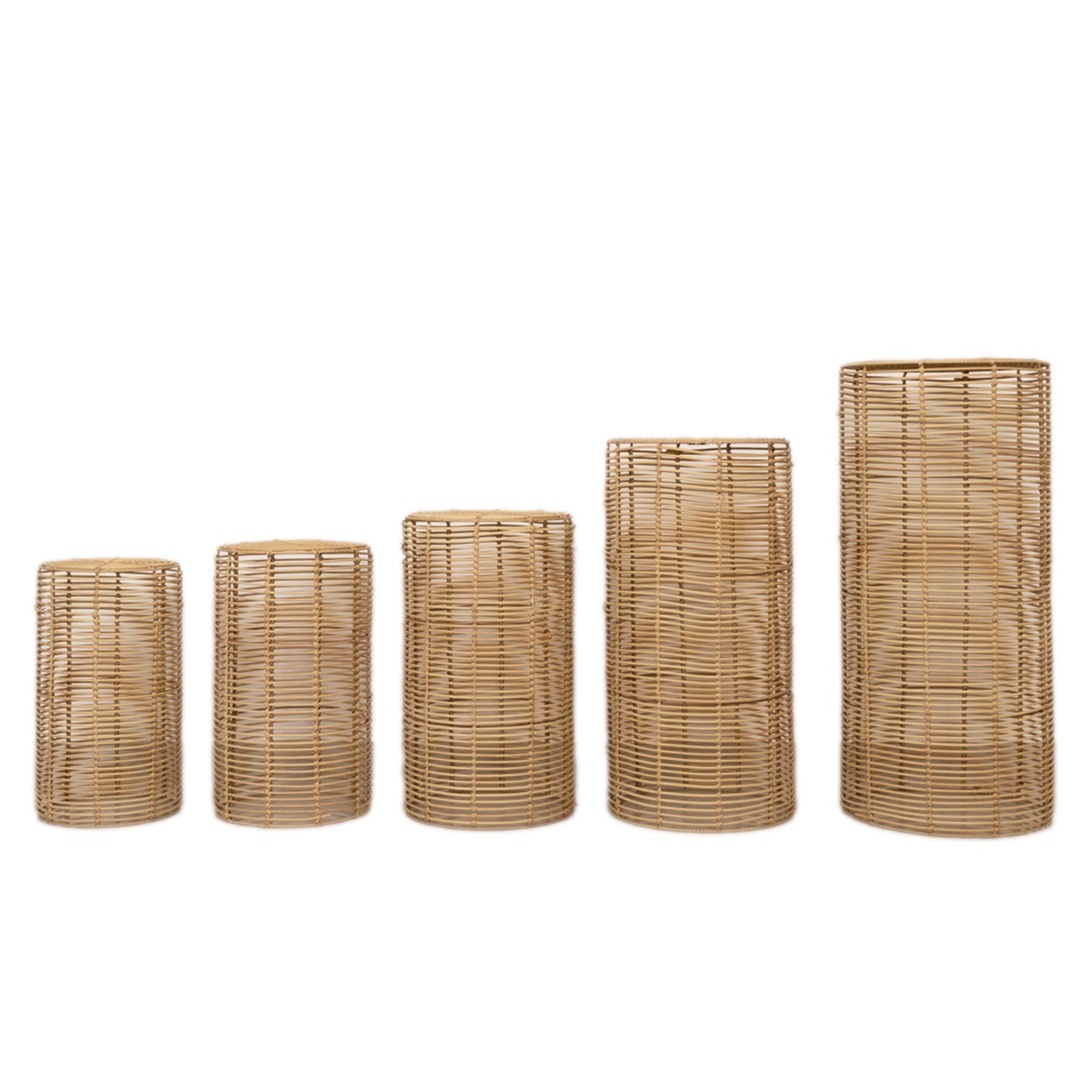 Set of 5 Natural Woven Rattan Wicker Pedestal Stands, Boho Chic Side Table Cylinder Cake Dessert Plant Display Stands - 20",21",24",29",36"