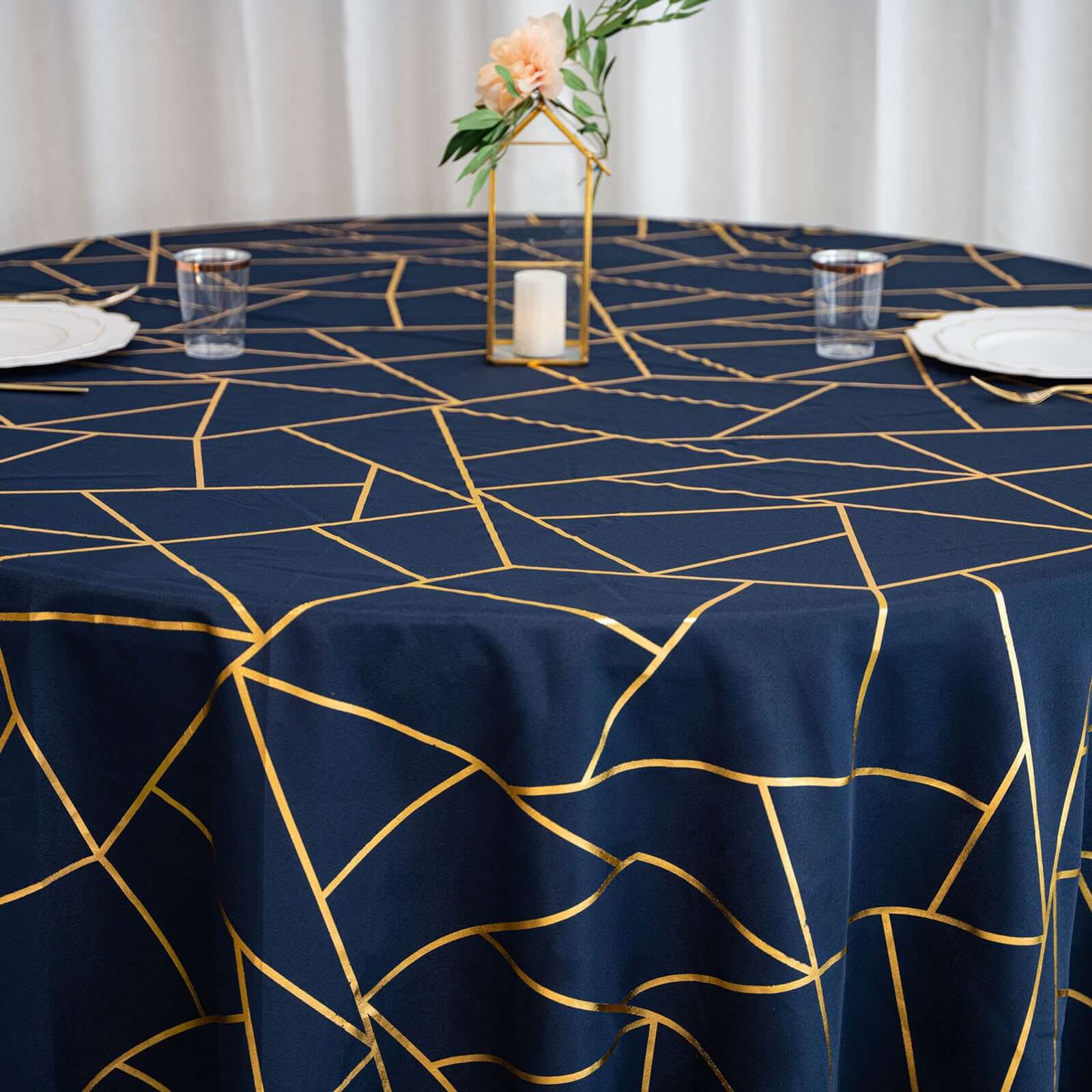 Polyester 120" Round Tablecloth Navy with Gold Foil Geometric Pattern Wrinkle-Resistant Seamless Table Cover