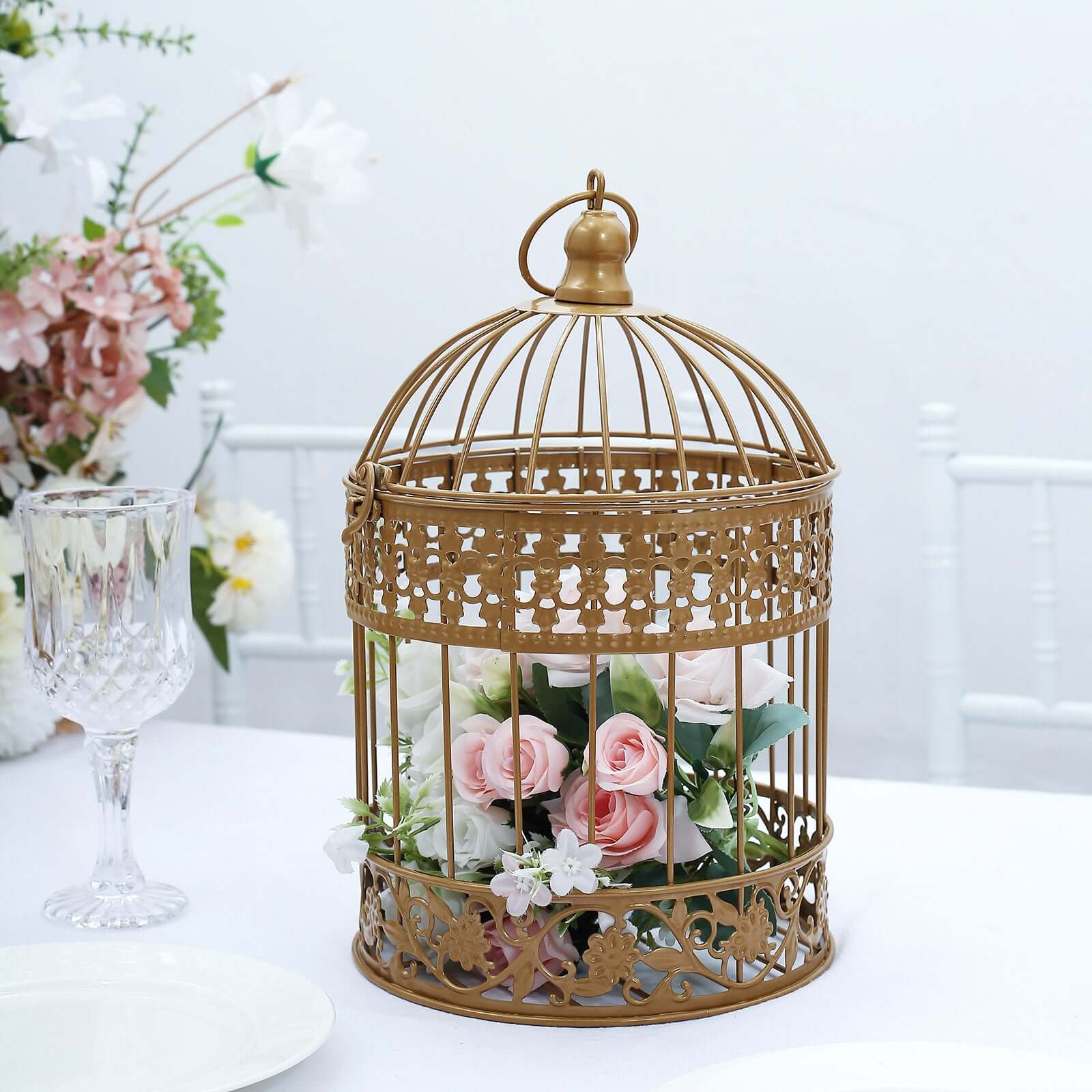 Set of 2 Card Holders Wrought Iron Bird Cage Design Metallic Gold - Decorative Display Stand 9"/13"