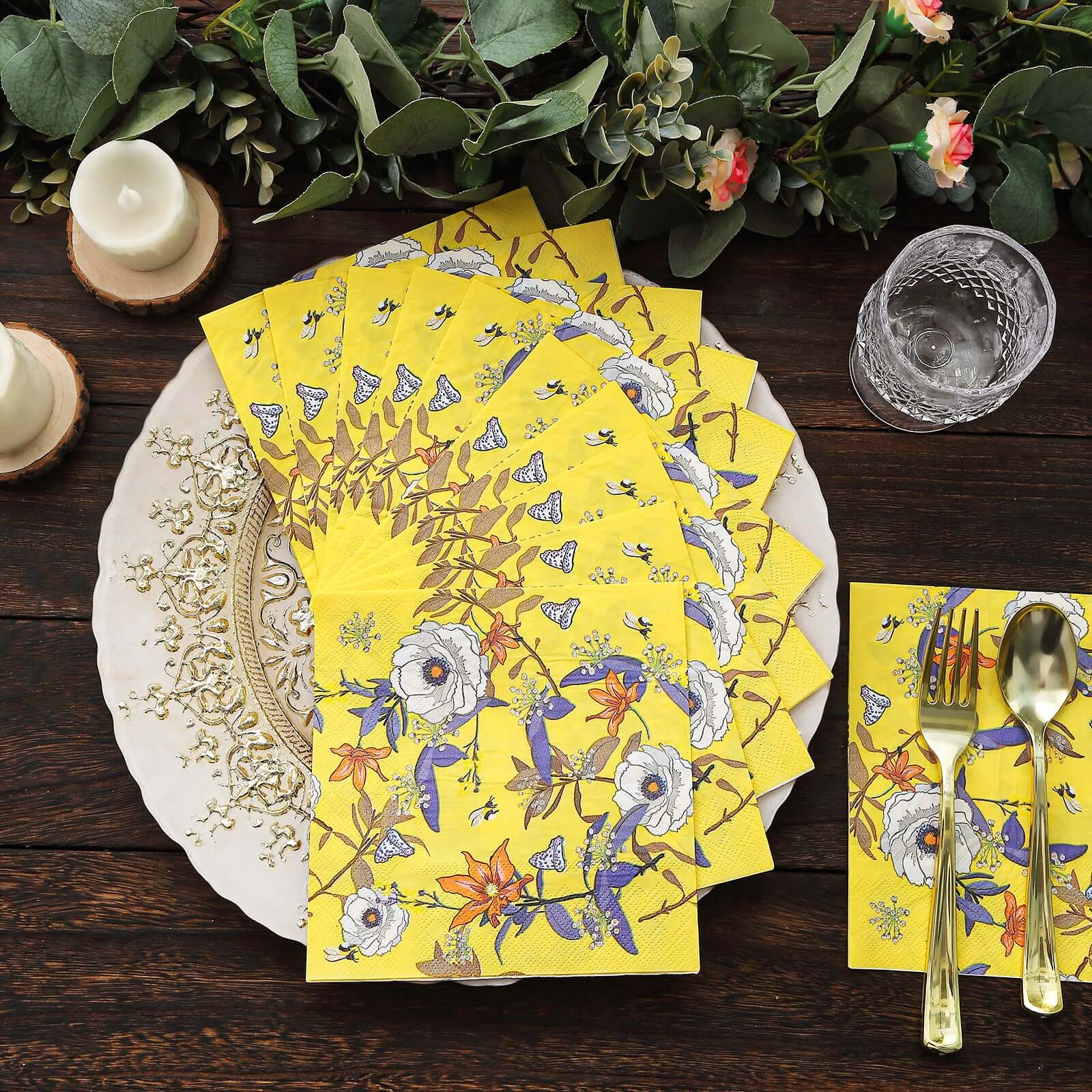 50-Pack Paper Beverage Napkins with Blooming Flowers Design Yellow - 2 Ply Soft 18GSM Floral Wedding Napkins 6.5"x6.5"