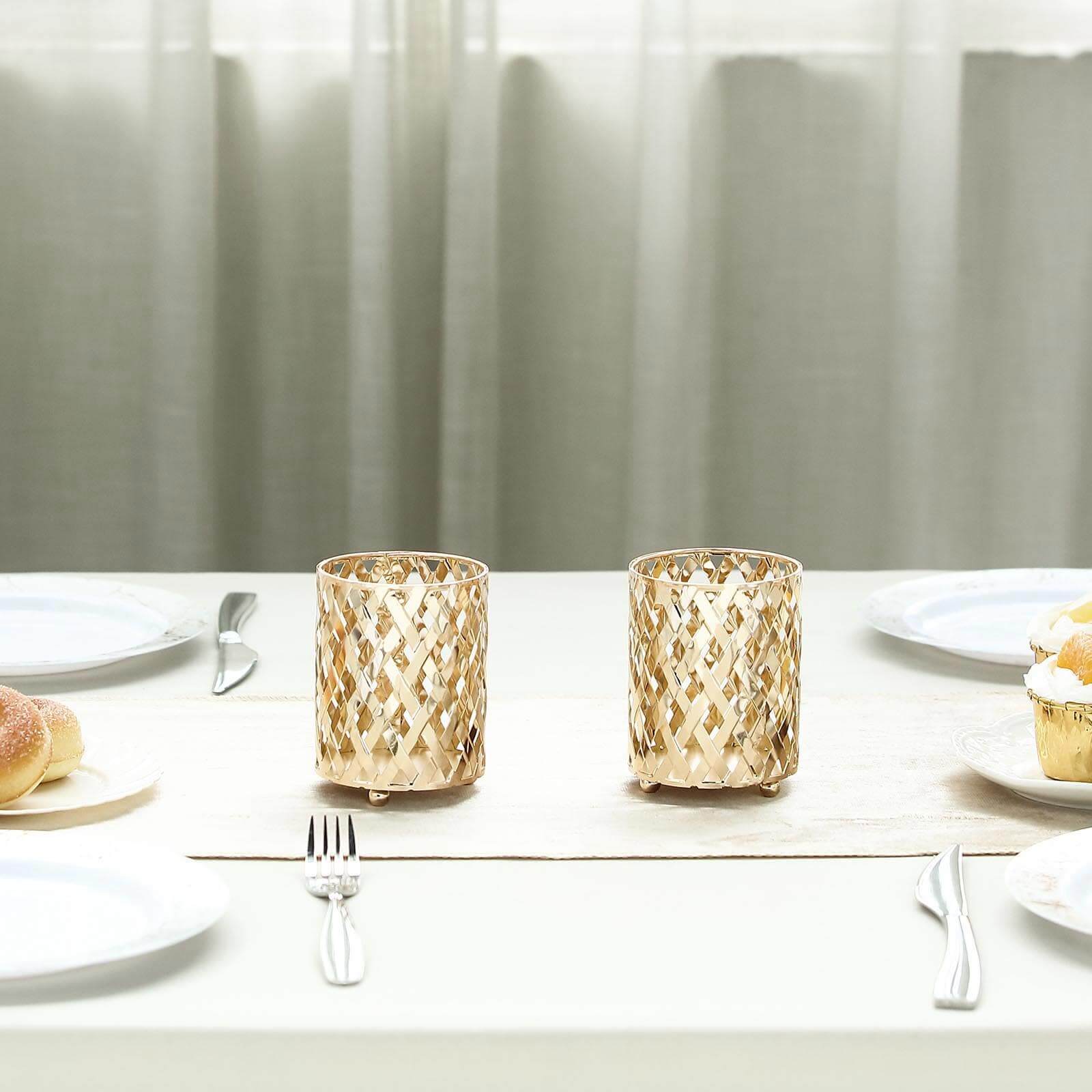 2-Pack Votive Candle Holders Gold Metal Diamond Cut Geometric Design - Perfect for Home Décor and Events 4"