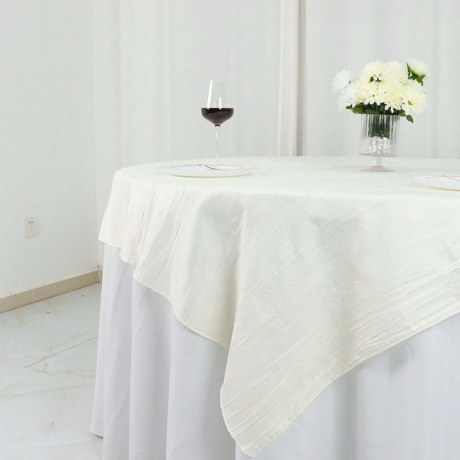 Taffeta 72"x72" Table Overlay Square Tablecloth Ivory - Accordion Crinkle Table Cover
