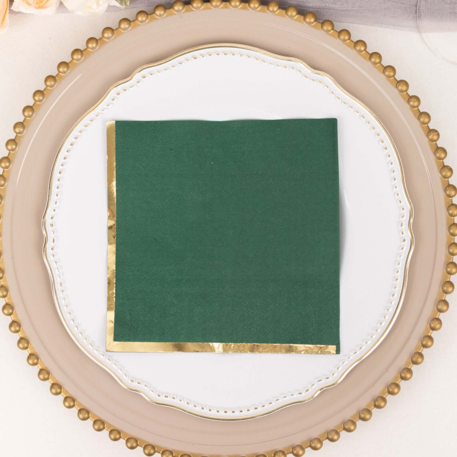 50-Pack Paper Beverage Napkins with Gold Foil Edge Hunter Emerald Green - Disposable 2 Ply Cocktail Napkins for Events 6.5"x6.5"