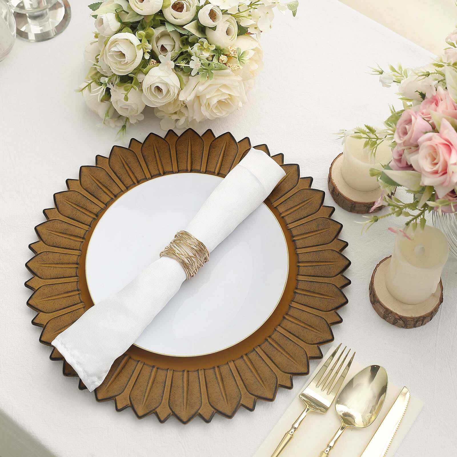 6-Pack Plastic Round Charger Plates 13" in Mustard Yellow with Sunflower Rim, Matte Finish Disposable Dinner Charger Tableware