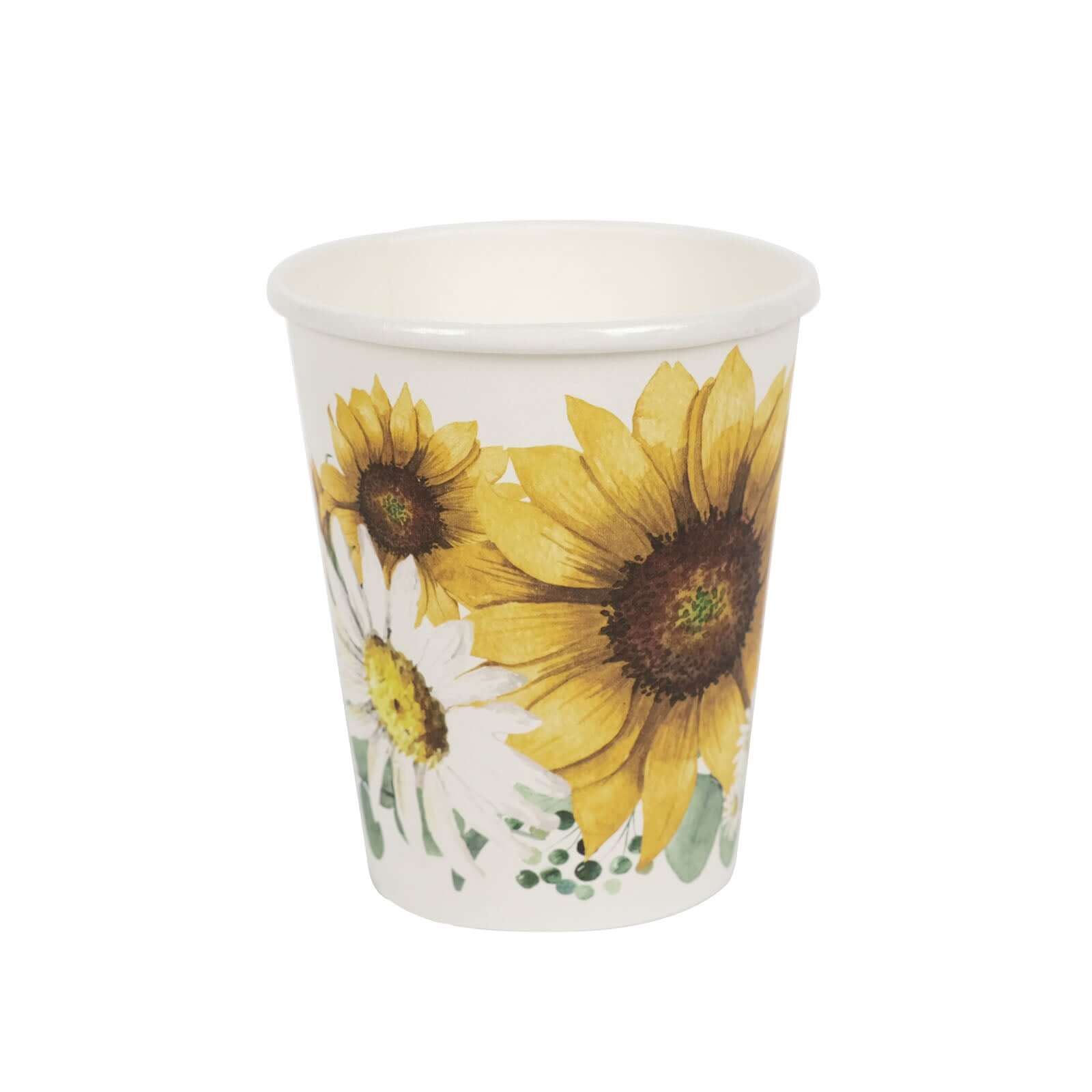24-Pack Paper Cups in White with Yellow Sunflower Print - Stylish Disposable Party Cups for Hot & Cold Beverages 10oz