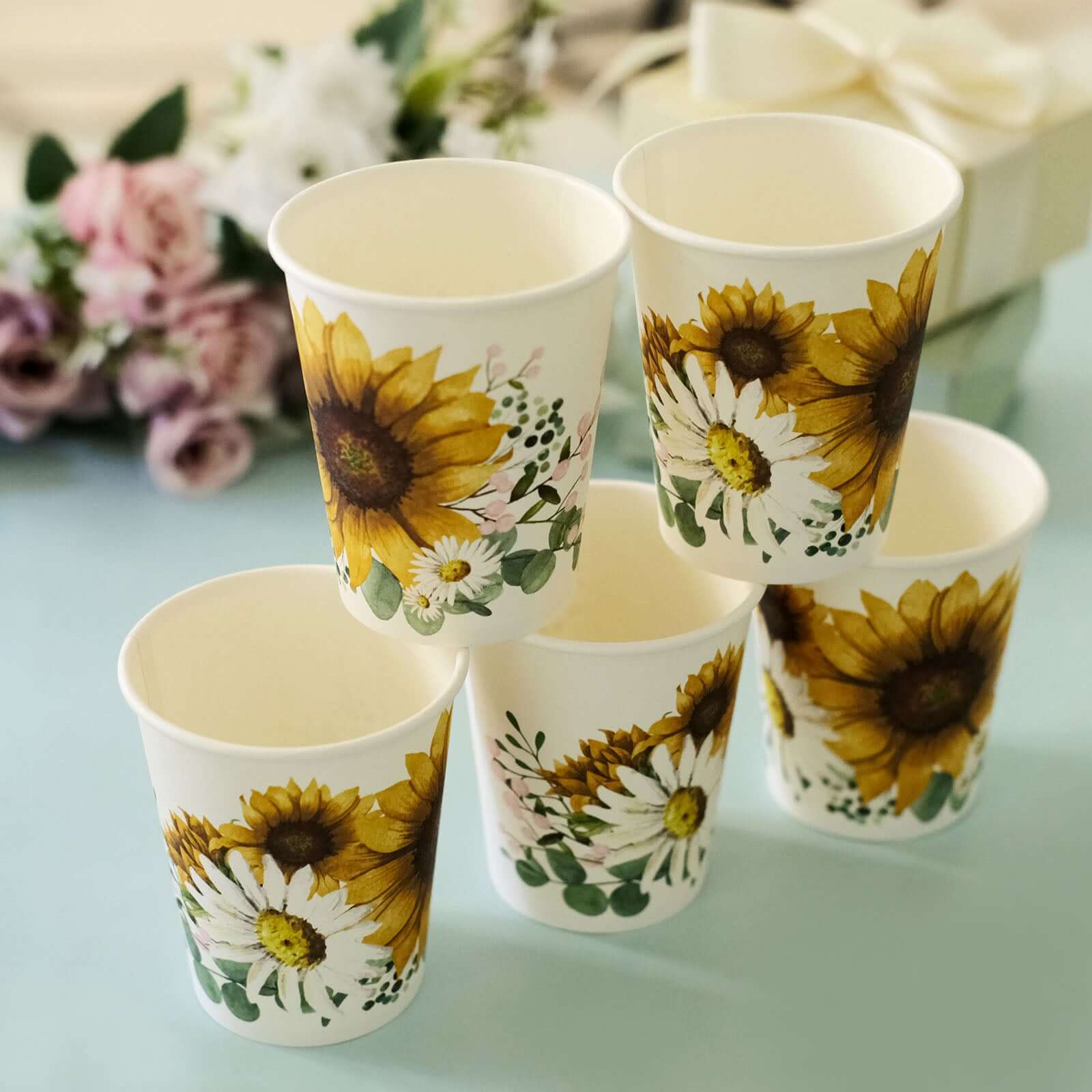24-Pack Paper Cups in White with Yellow Sunflower Print - Stylish Disposable Party Cups for Hot & Cold Beverages 10oz