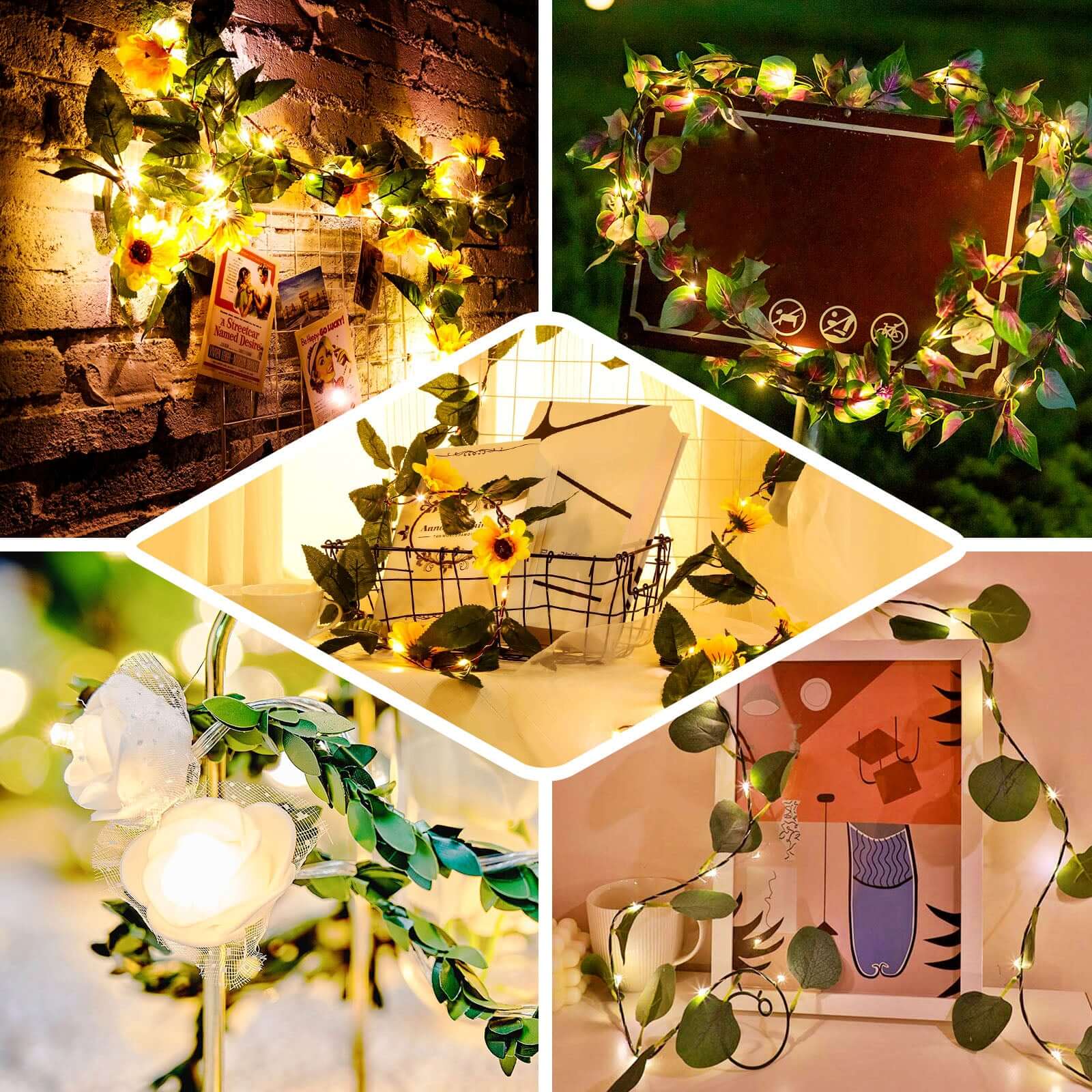 20 LED Garland Vine String Lights Sunflower Design Warm White - Battery Operated Party Accent 8ft