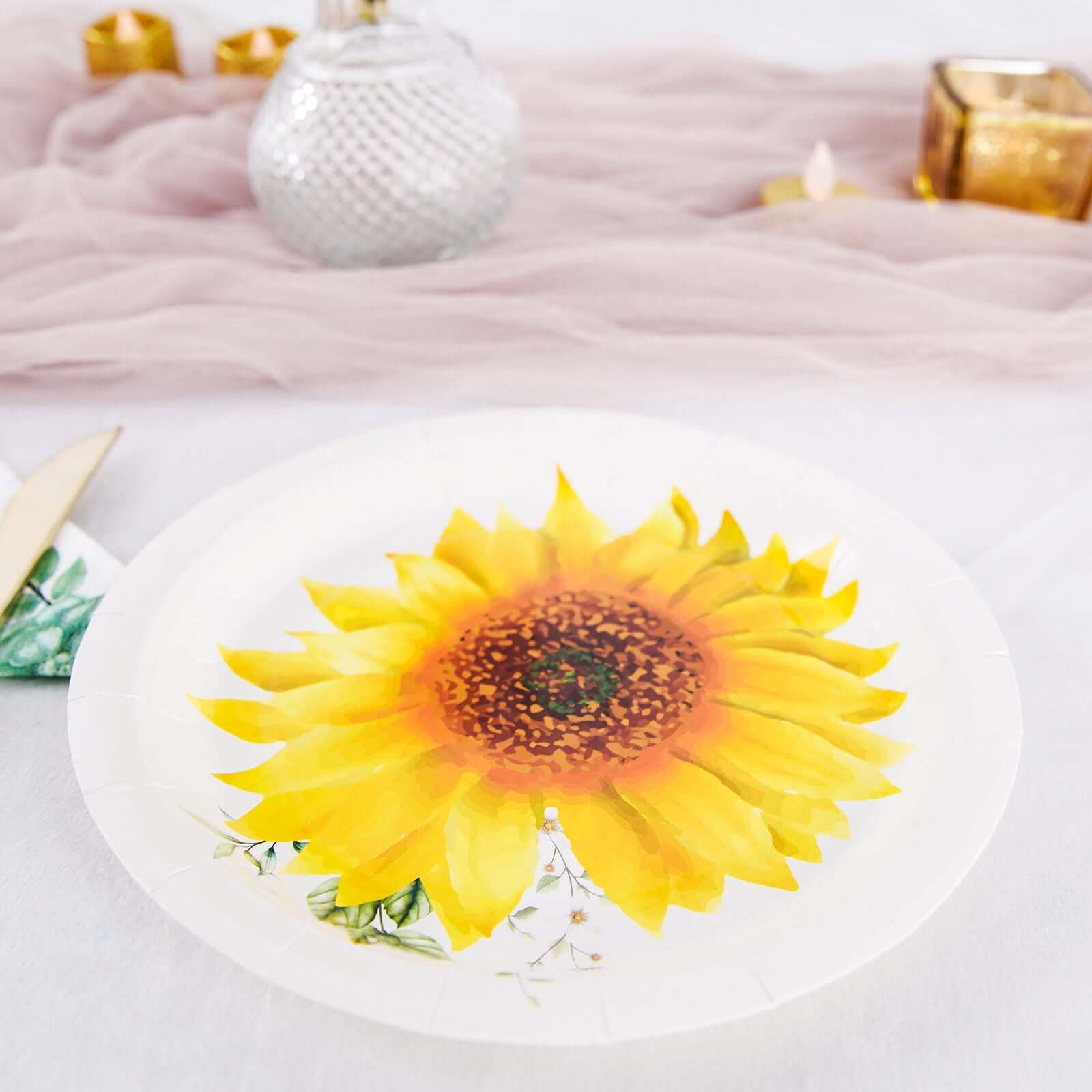 25-Pack Paper 7" Round Dessert Plates White with Sunflower Design - Disposable Salad Plates for Rustic Events & Garden Themes