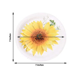 25-Pack Paper 7" Round Dessert Plates White with Sunflower Design - Disposable Salad Plates for Rustic Events & Garden Themes