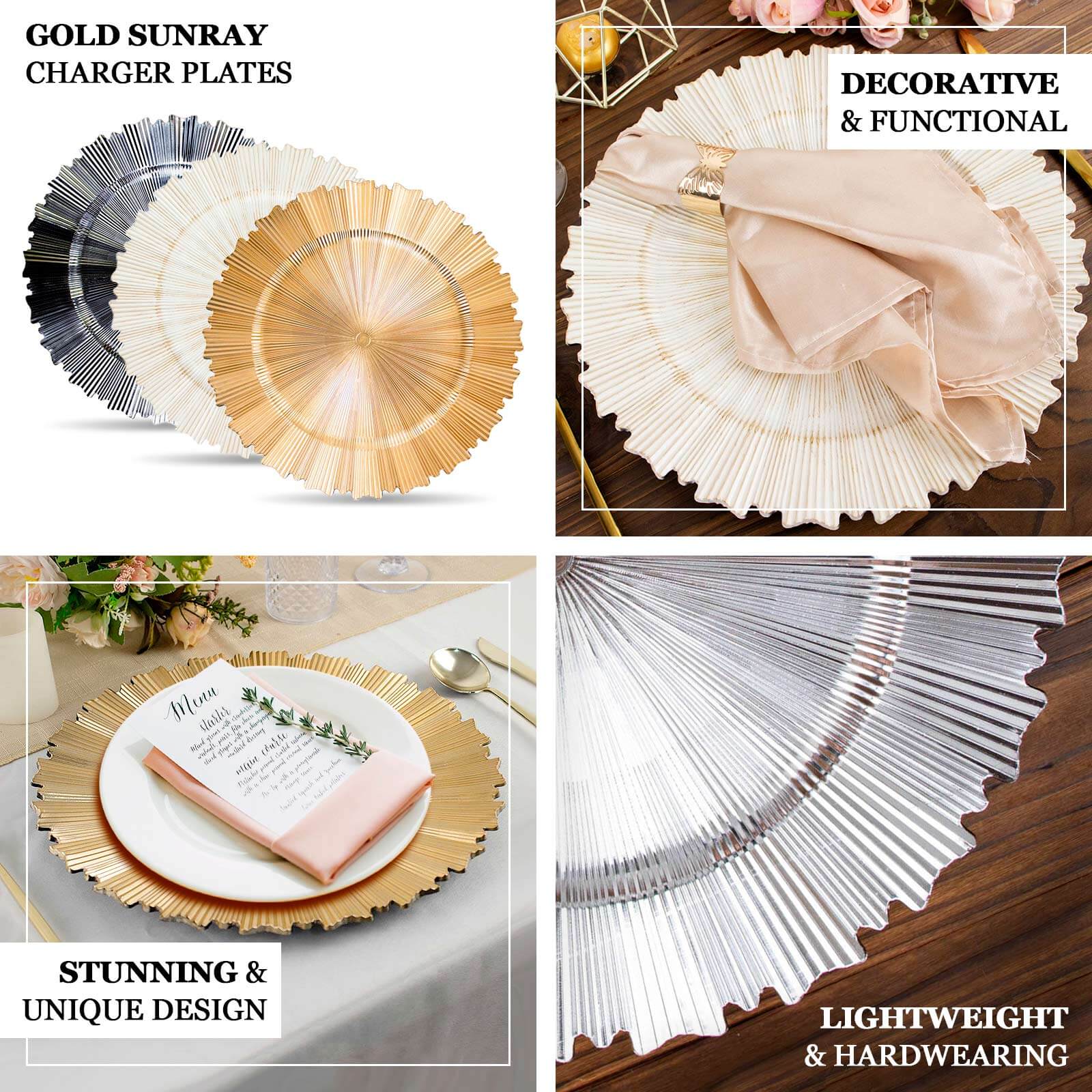 6-Pack Acrylic Plastic Round Charger Plates 13" in Metallic Silver with Sunray Scalloped Rim, Decorative Dinner Party Charger Tableware