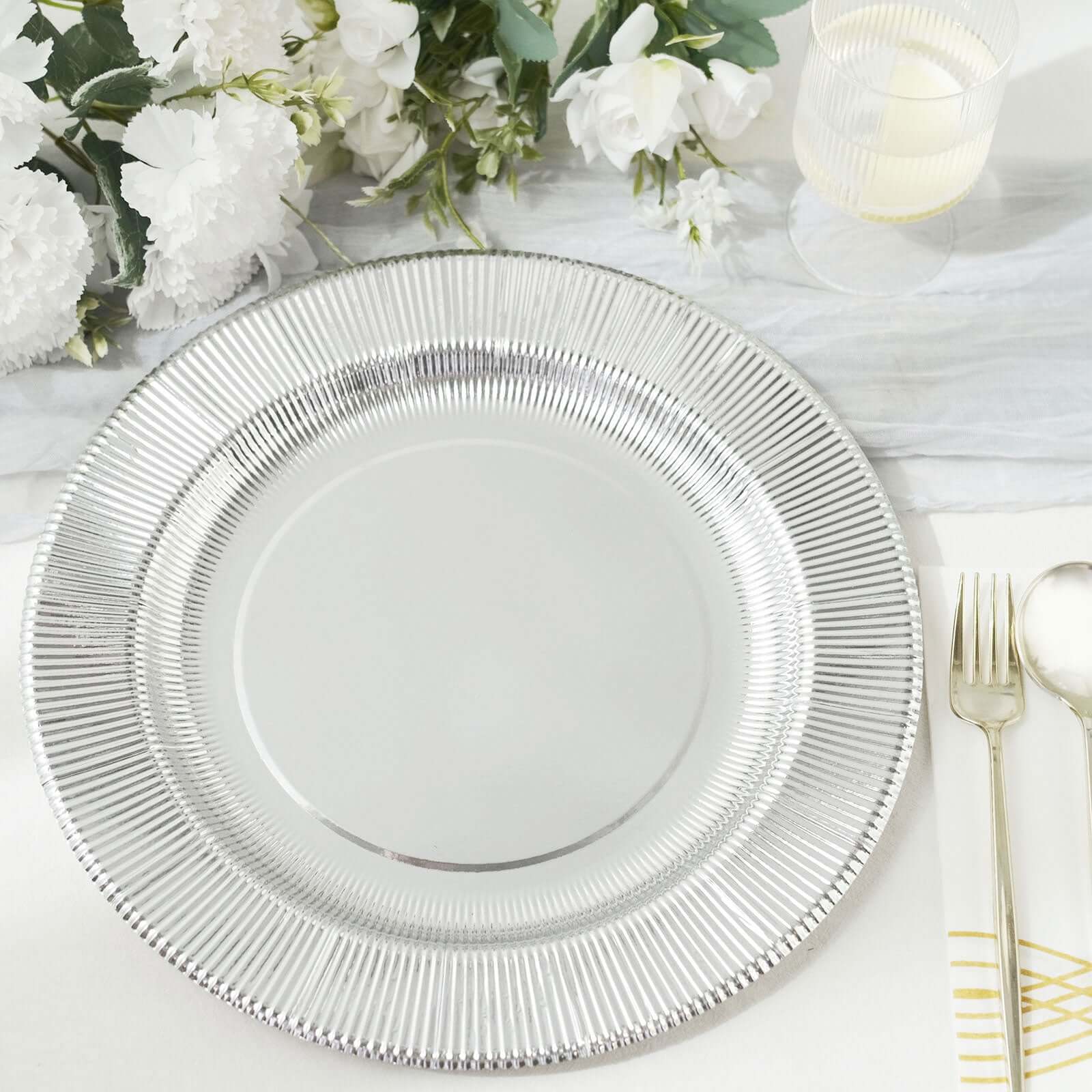 25-Pack Disposable Round Charger Plates in Metallic Silver Sunray Design - 350GSM Heavy Duty Paper Chargers 13"
