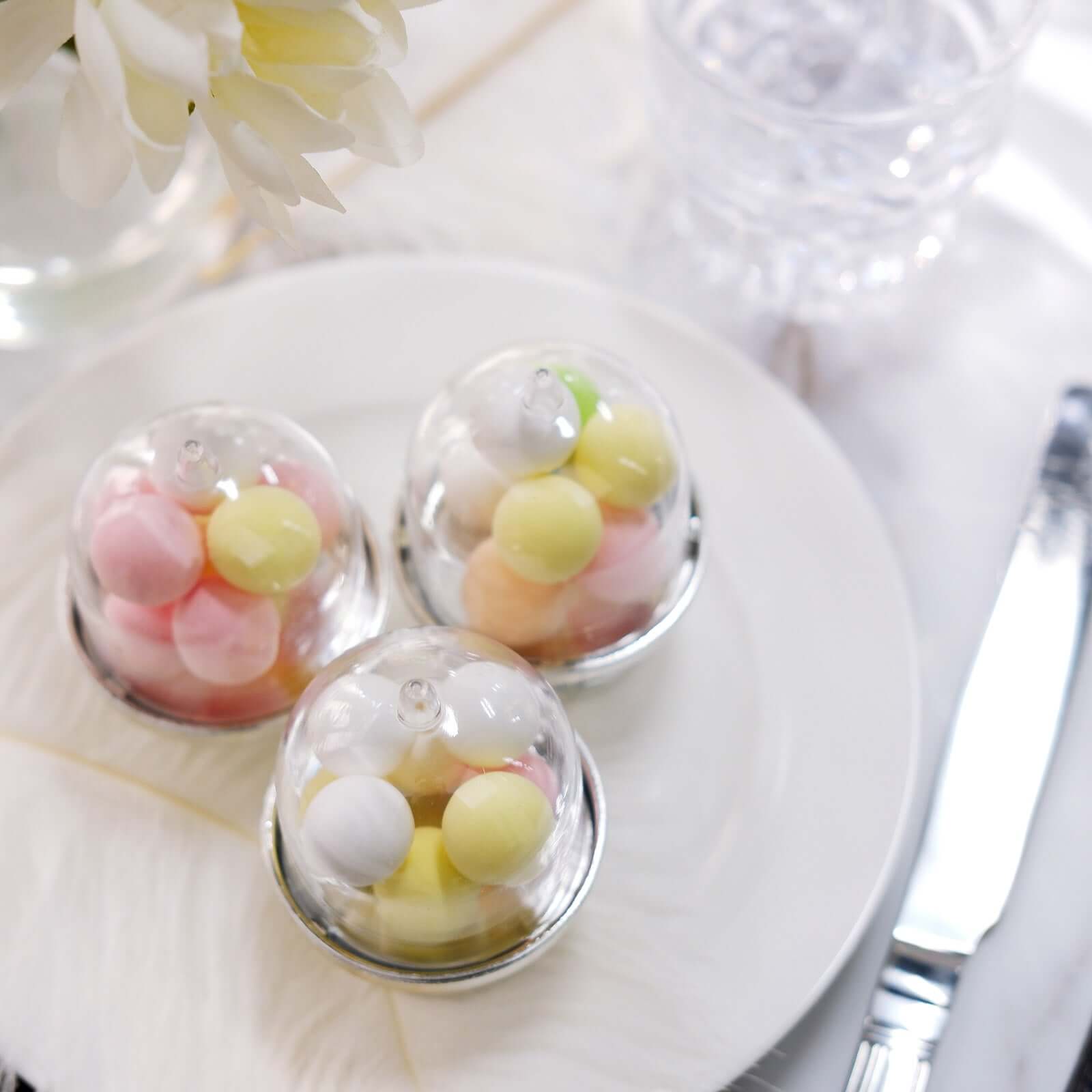12-Pack Fillable Mini Pedestal Candy Container Clear/Silver - Stylish Candy Treat Favor Containers with Dome Lid 3"