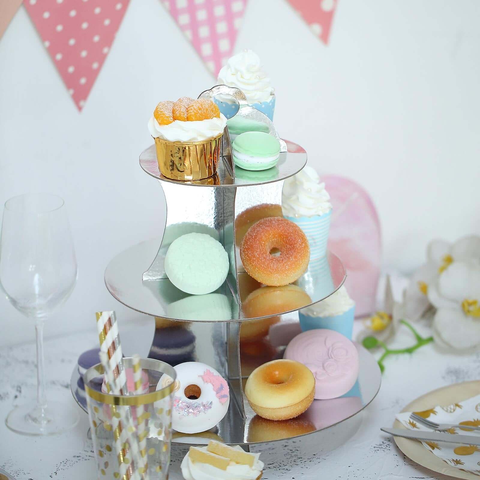 3-Tier Cardboard Cupcake Stand Metallic Silver - Reusable Dessert Table Display Tower for Classy Birthday Wedding Party Decoration 14"