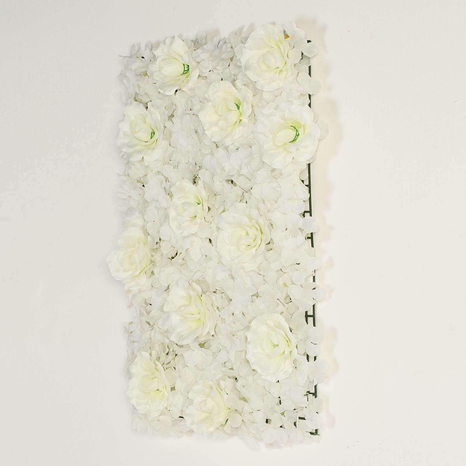 11 Sq ft. Cream 3D Silk Rose and Hydrangea Flower Wall Mat Backdrop - 4 Artificial Panels