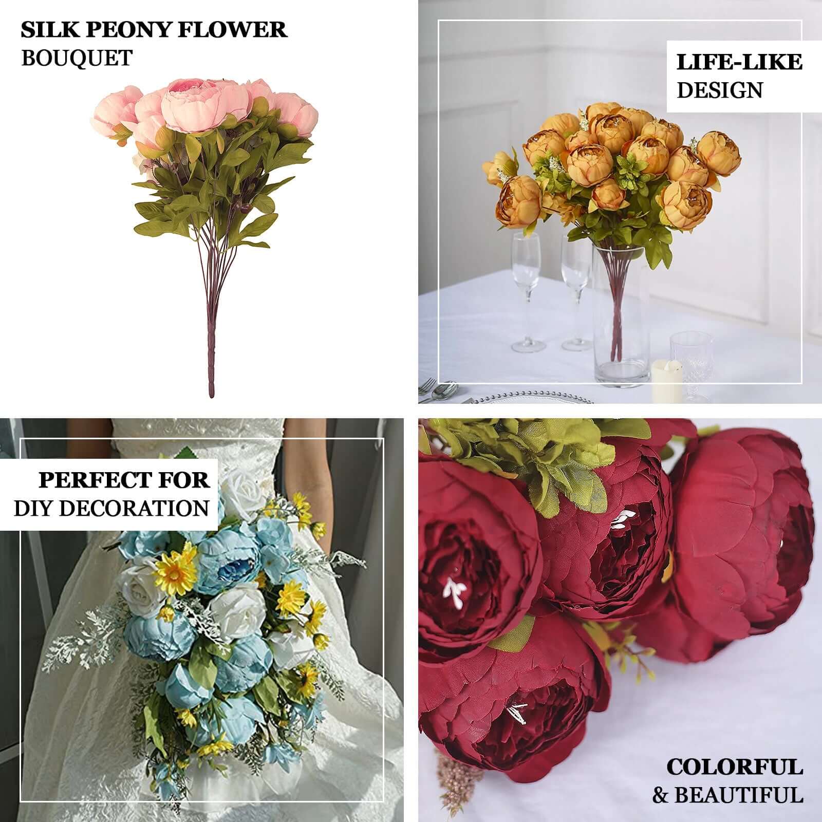 2 Pack 19" Purple Artificial Peony Flower Wedding Bouquets, Faux Silk Flower Arrangements