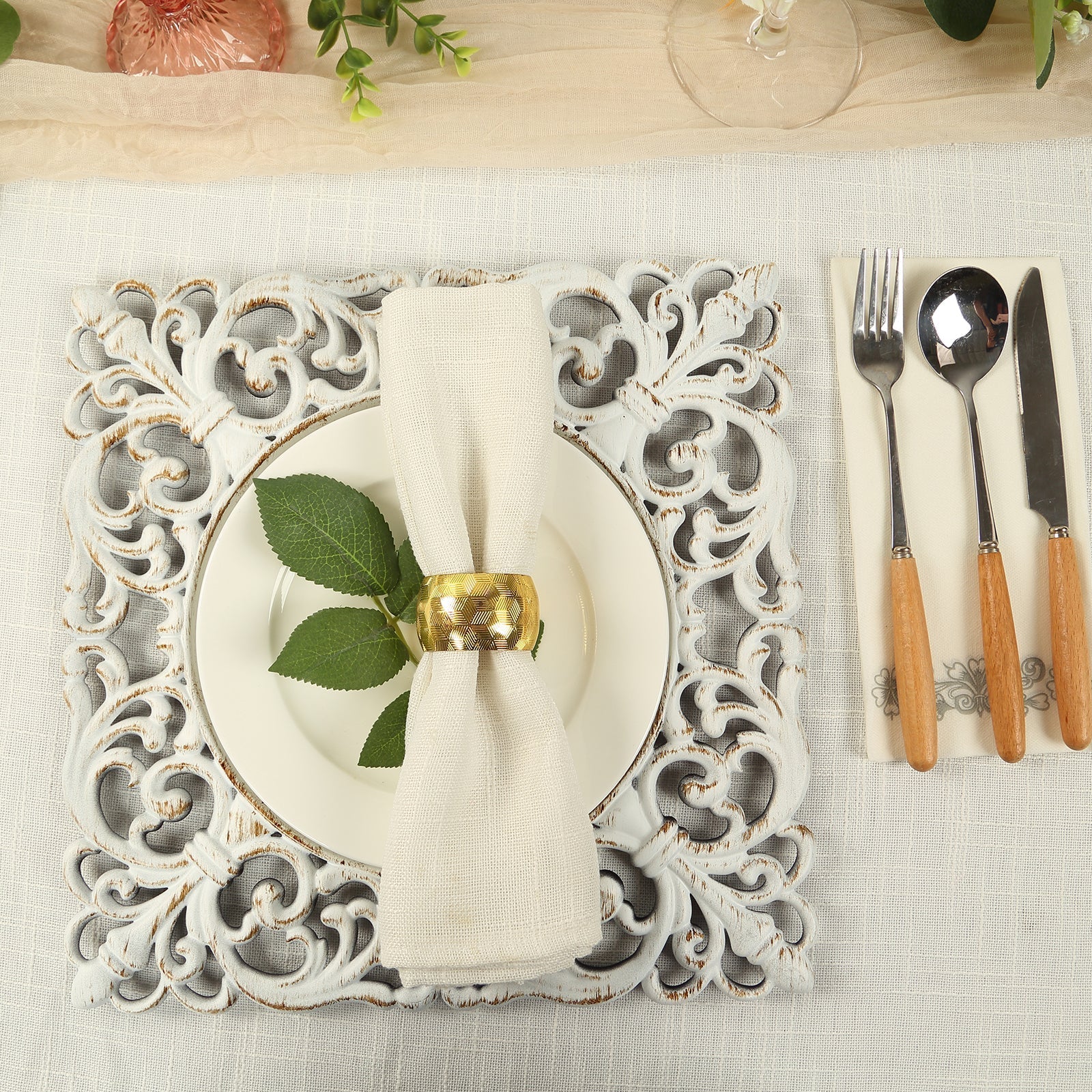 6-Pack Acrylic Square Charger Plates 12" Whitewashed with Hollow Lace Border, Event Tabletop Decorative Charger Tableware