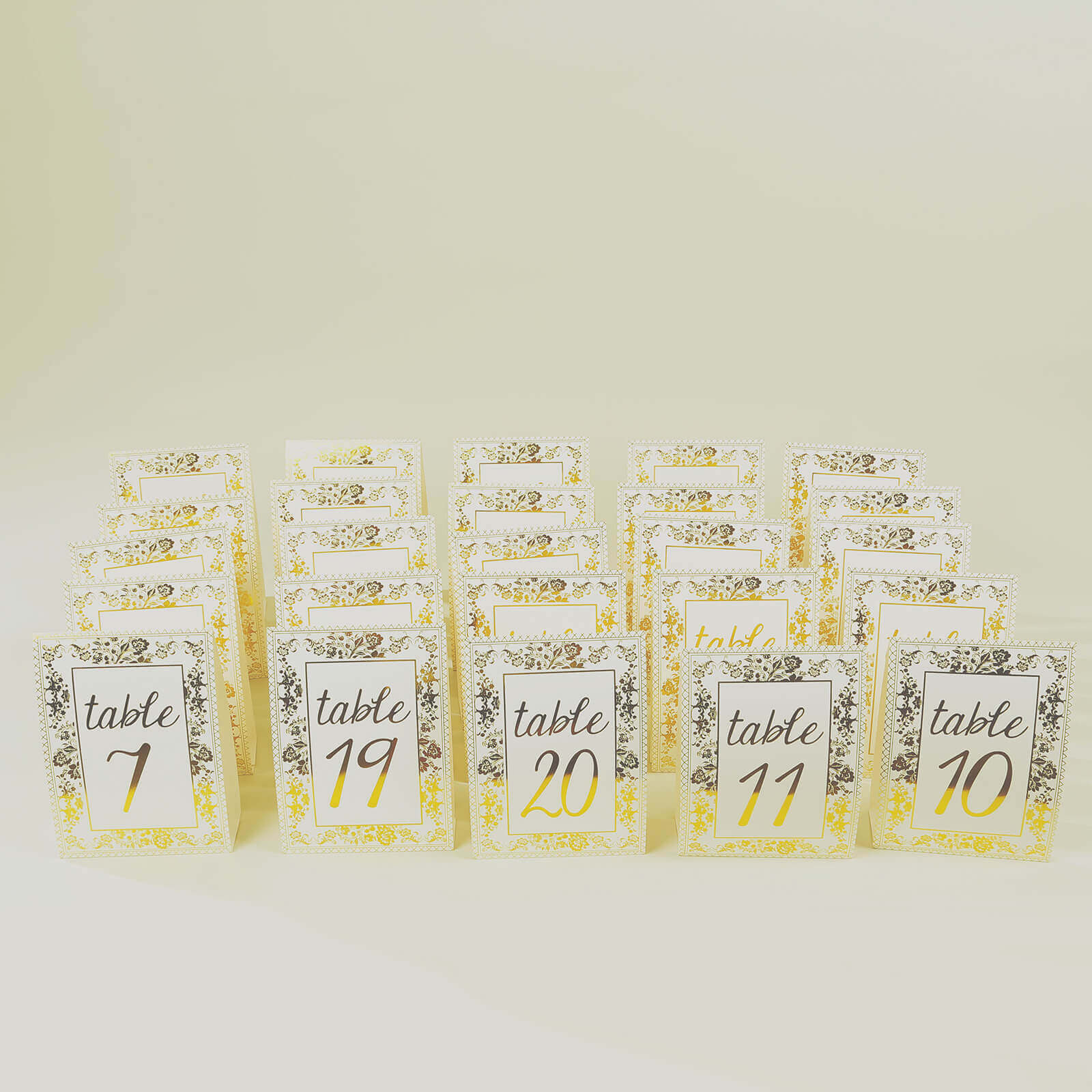 25-Pack Paper Wedding Table Numbers 1-25 White/Metallic Gold French Toile Design - Free Standing Double Sided Table Signs with Glam Gold Foil Numbers 7"