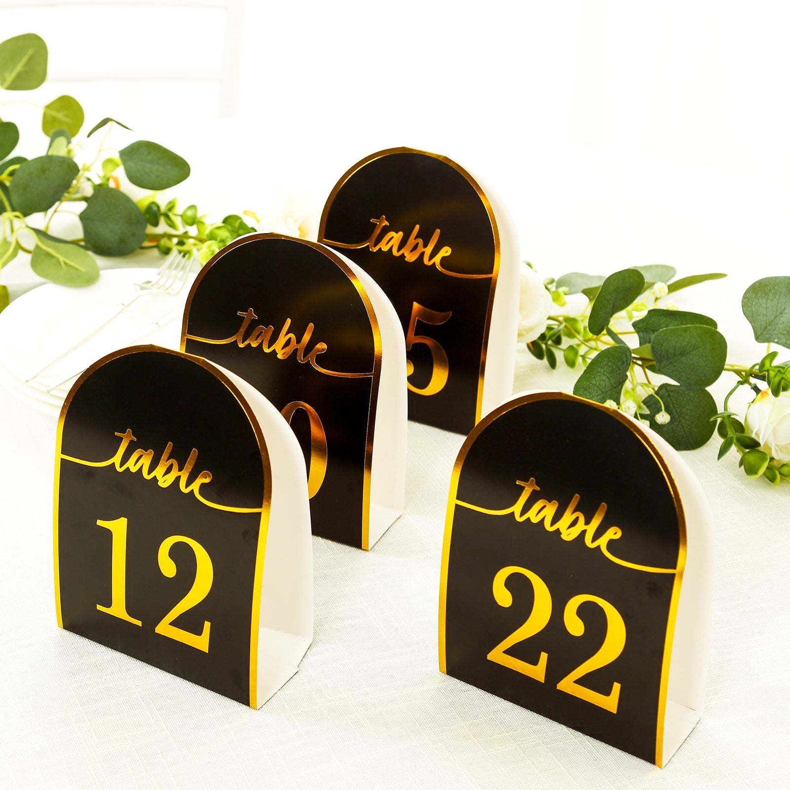 25-Pack Paper Wedding Table Numbers 1-25 Black Arch Cutout Design - Sleek & Modern Free Standing Double Sided Table Tent Cards with Metallic Gold Foil Numbers 7"