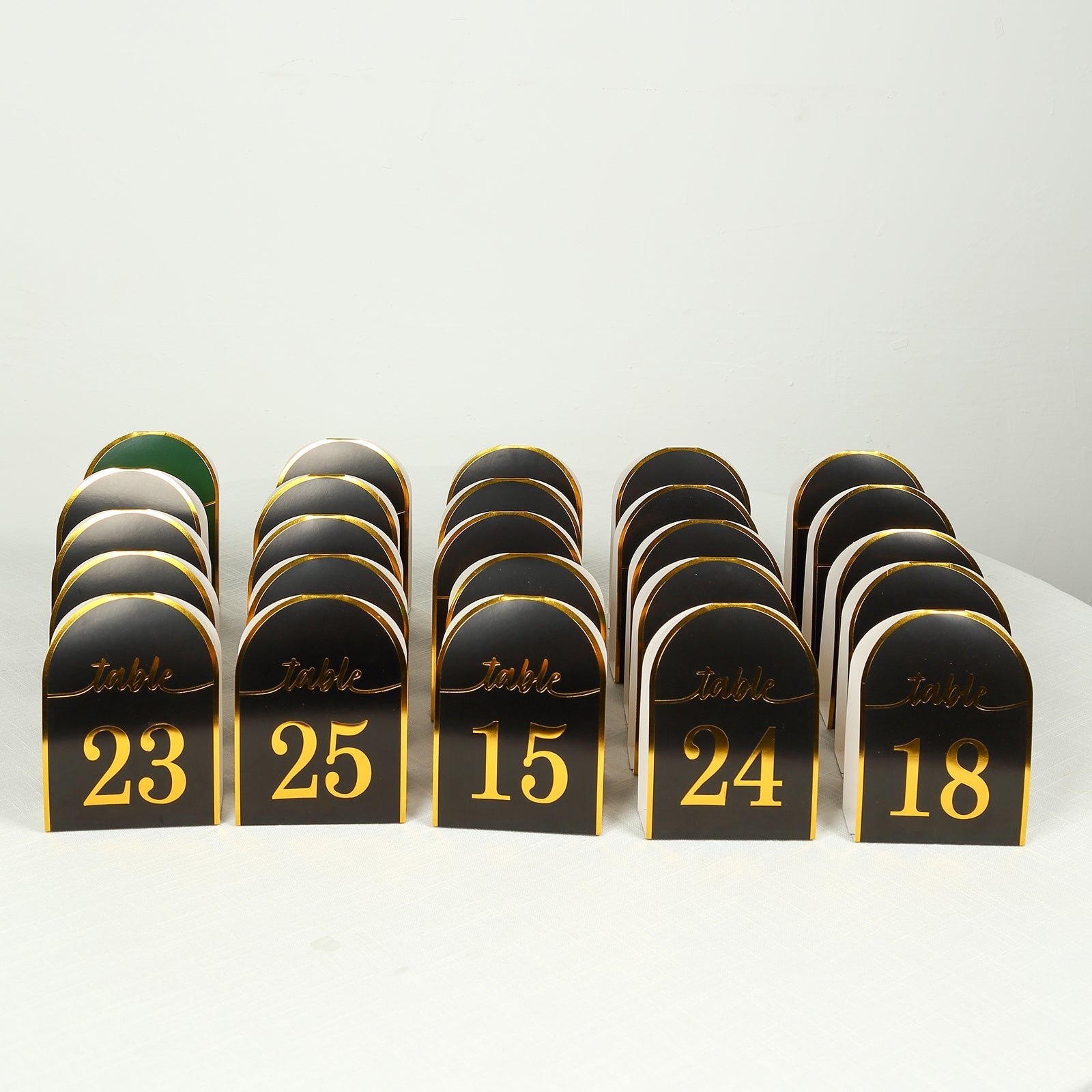 25-Pack Paper Wedding Table Numbers 1-25 Black Arch Cutout Design - Sleek & Modern Free Standing Double Sided Table Tent Cards with Metallic Gold Foil Numbers 7"