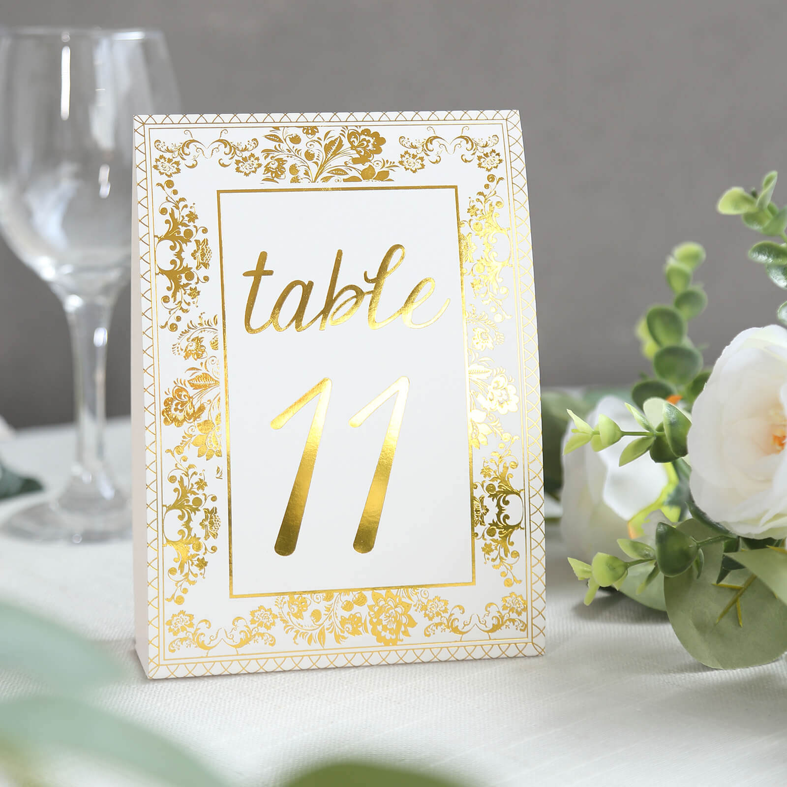 25-Pack Paper Wedding Table Numbers 1-25 White/Metallic Gold French Toile Design - Free Standing Double Sided Table Signs with Glam Gold Foil Numbers 7"