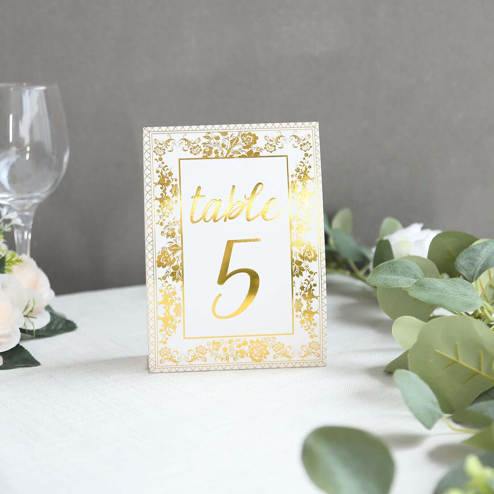 25-Pack Paper Wedding Table Numbers 1-25 White/Metallic Gold French Toile Design - Free Standing Double Sided Table Signs with Glam Gold Foil Numbers 7"