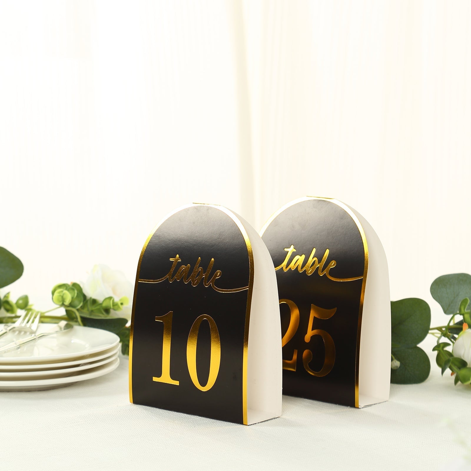 25-Pack Paper Wedding Table Numbers 1-25 Black Arch Cutout Design - Sleek & Modern Free Standing Double Sided Table Tent Cards with Metallic Gold Foil Numbers 7"