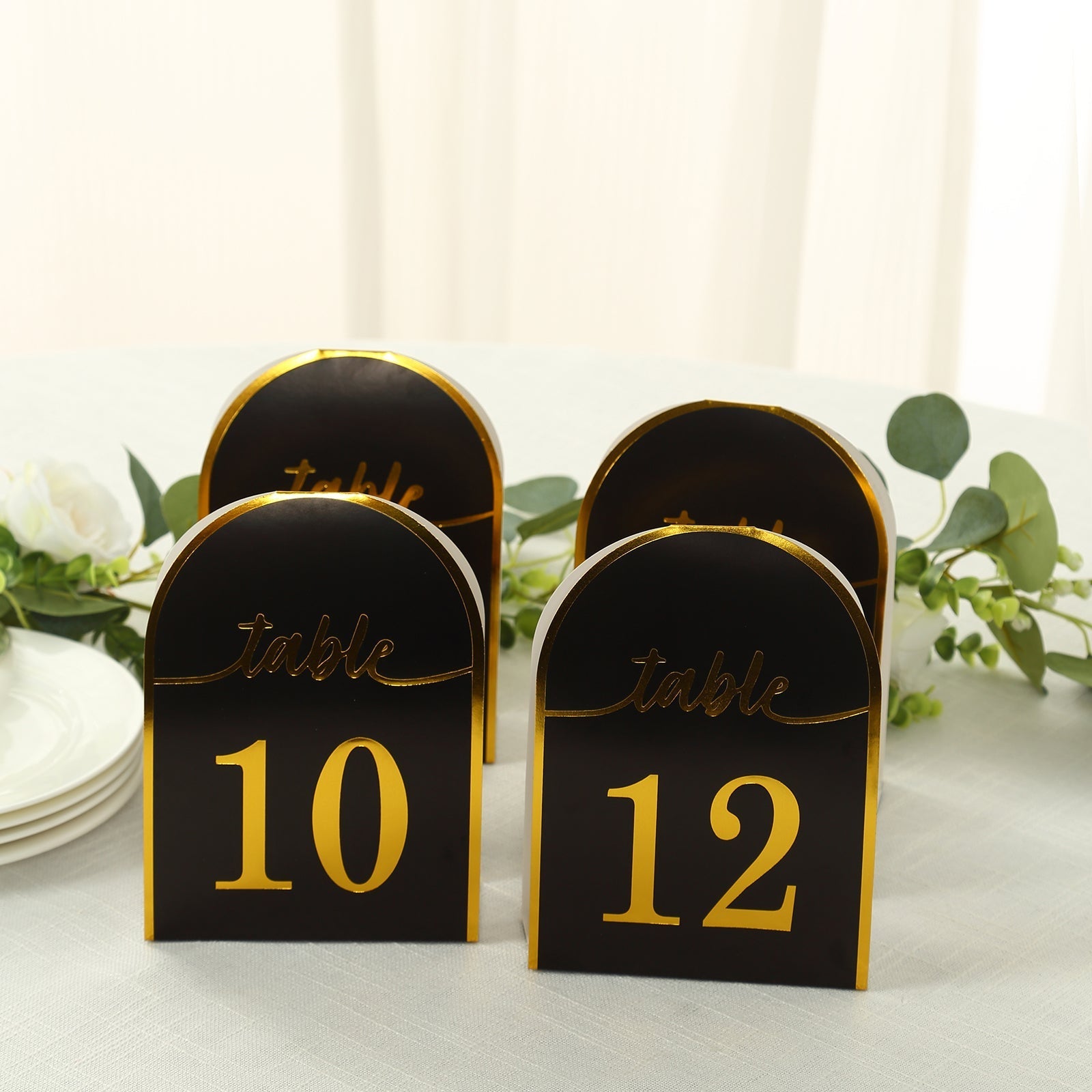 25-Pack Paper Wedding Table Numbers 1-25 Black Arch Cutout Design - Sleek & Modern Free Standing Double Sided Table Tent Cards with Metallic Gold Foil Numbers 7"
