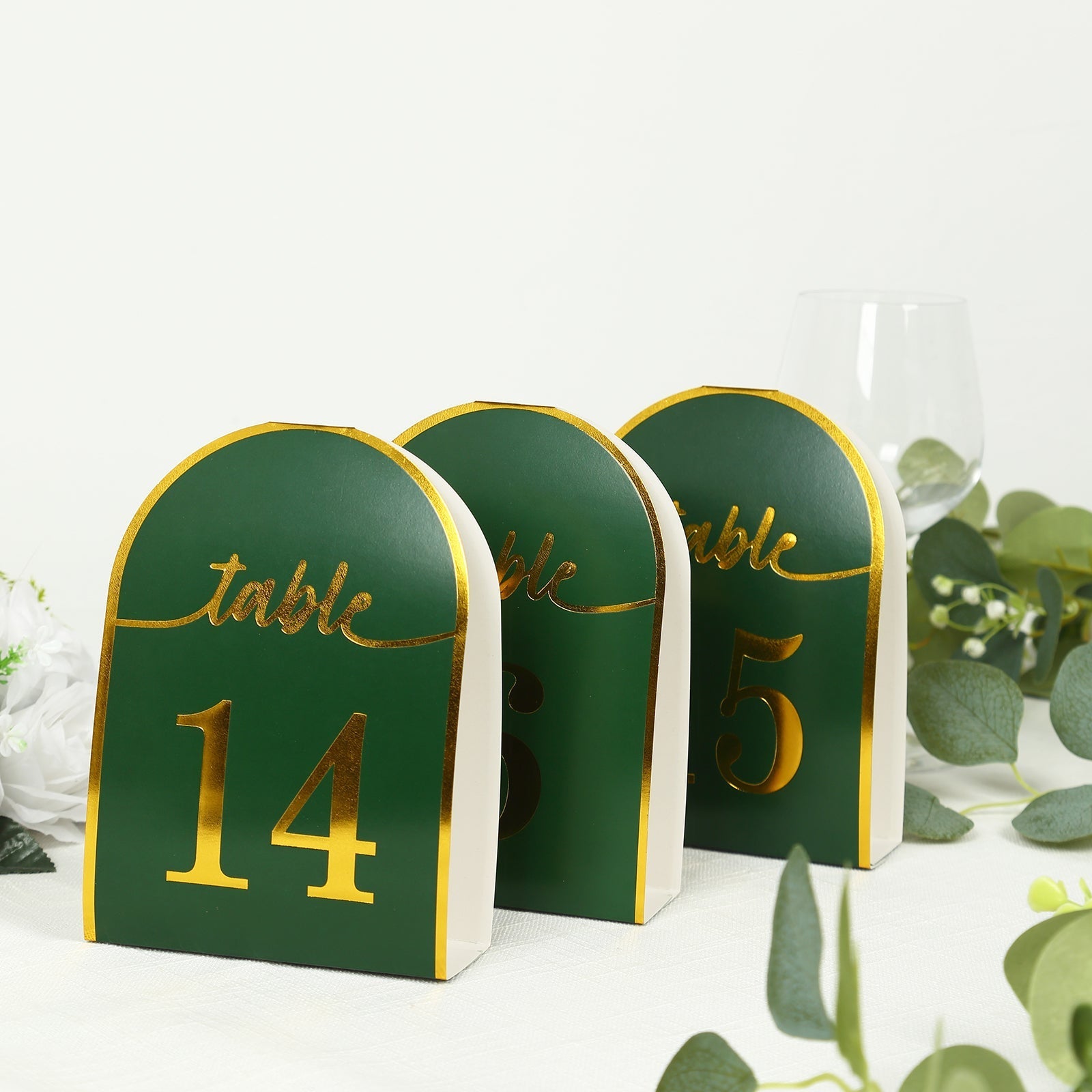 25-Pack Paper Wedding Table Numbers 1-25 Hunter Emerald Green Arch Cutout Design - Sleek & Modern Free Standing Double Sided Table Tent Cards with Metallic Gold Foil Numbers 7"