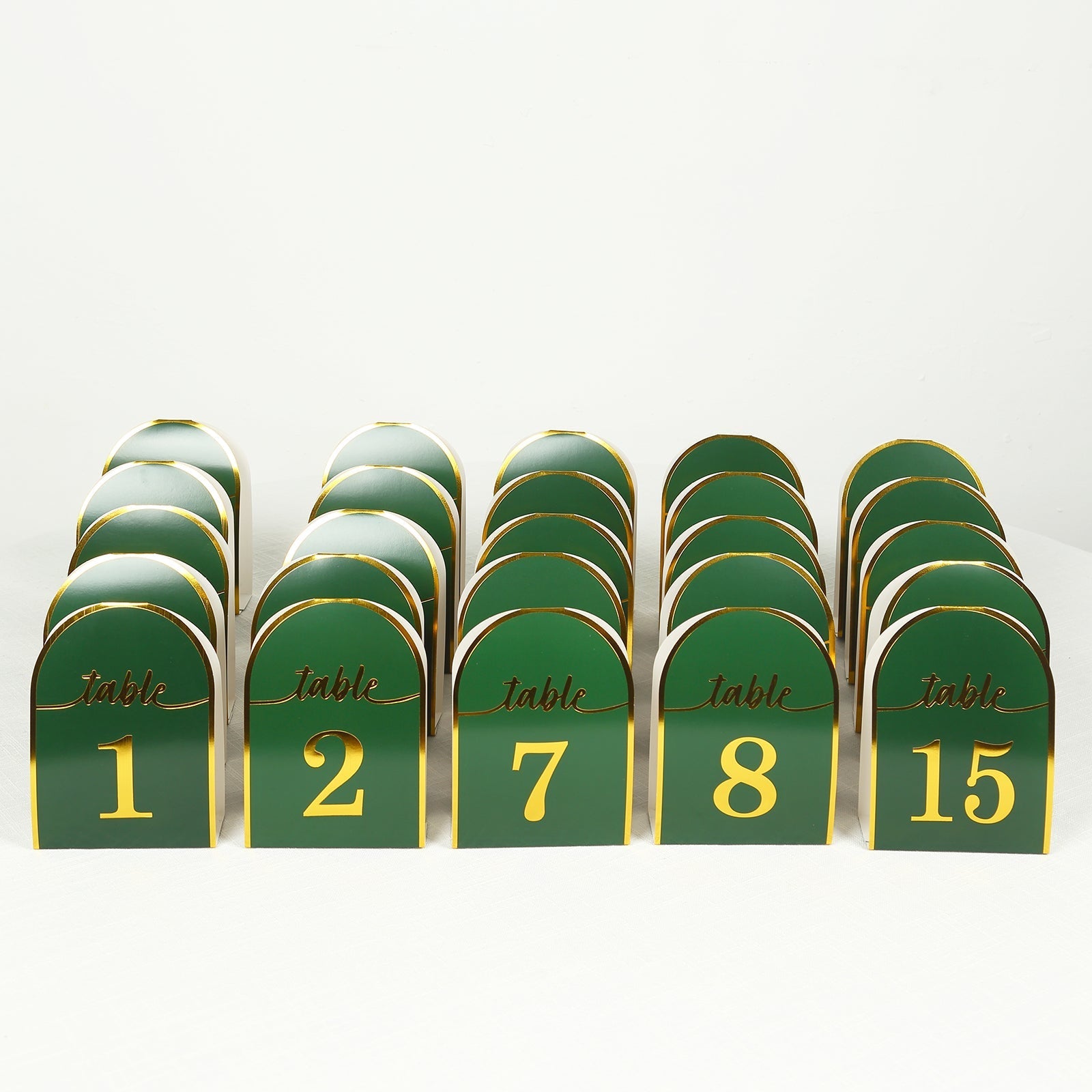 25-Pack Paper Wedding Table Numbers 1-25 Hunter Emerald Green Arch Cutout Design - Sleek & Modern Free Standing Double Sided Table Tent Cards with Metallic Gold Foil Numbers 7"