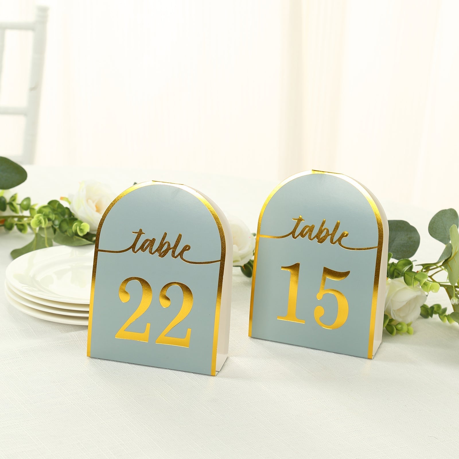 25-Pack Paper Wedding Table Numbers 1-25 Dusty Blue Arch Cutout Design - Sleek & Modern Free Standing Double Sided Table Tent Cards with Metallic Gold Foil Numbers 7"