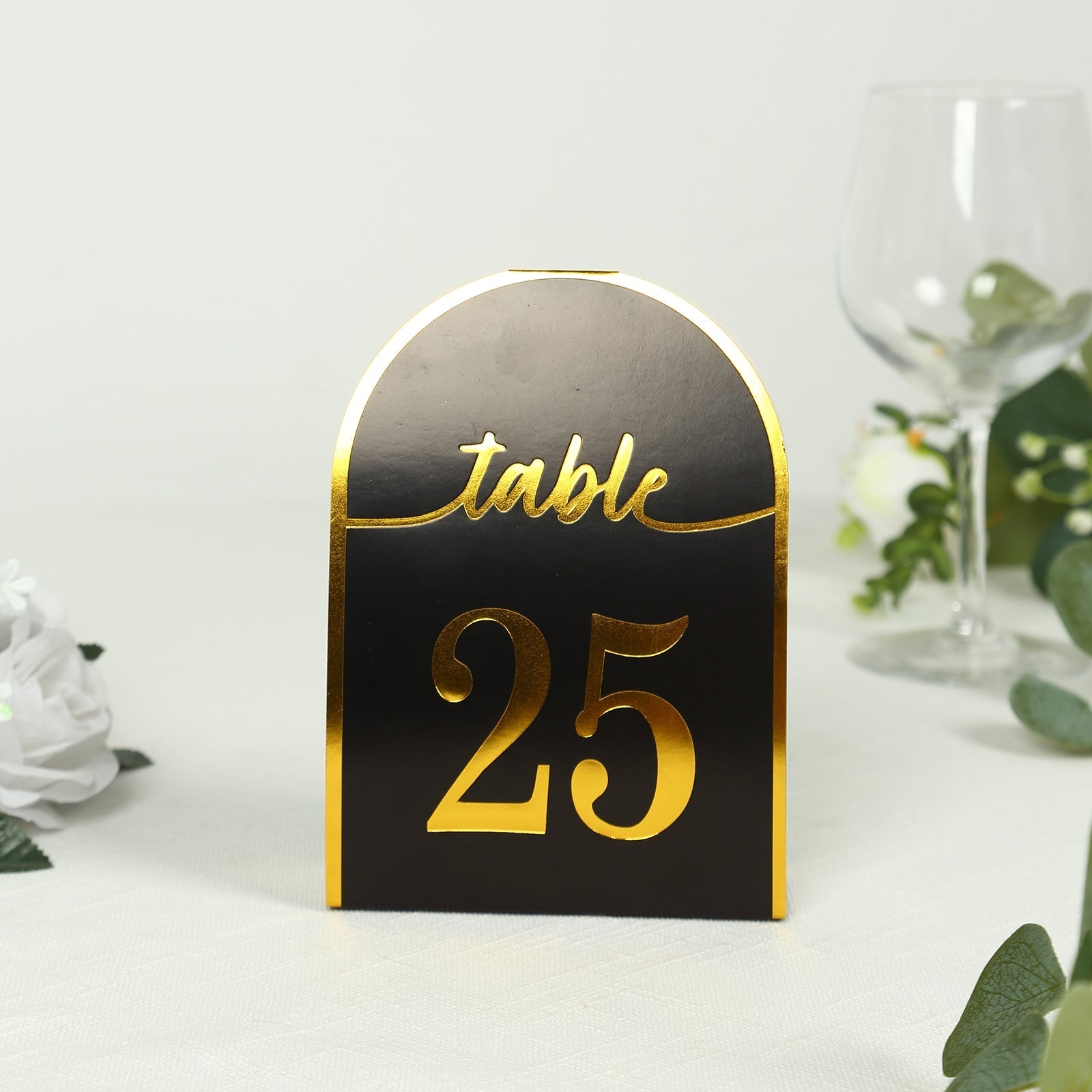25-Pack Paper Wedding Table Numbers 1-25 Black Arch Cutout Design - Sleek & Modern Free Standing Double Sided Table Tent Cards with Metallic Gold Foil Numbers 7"