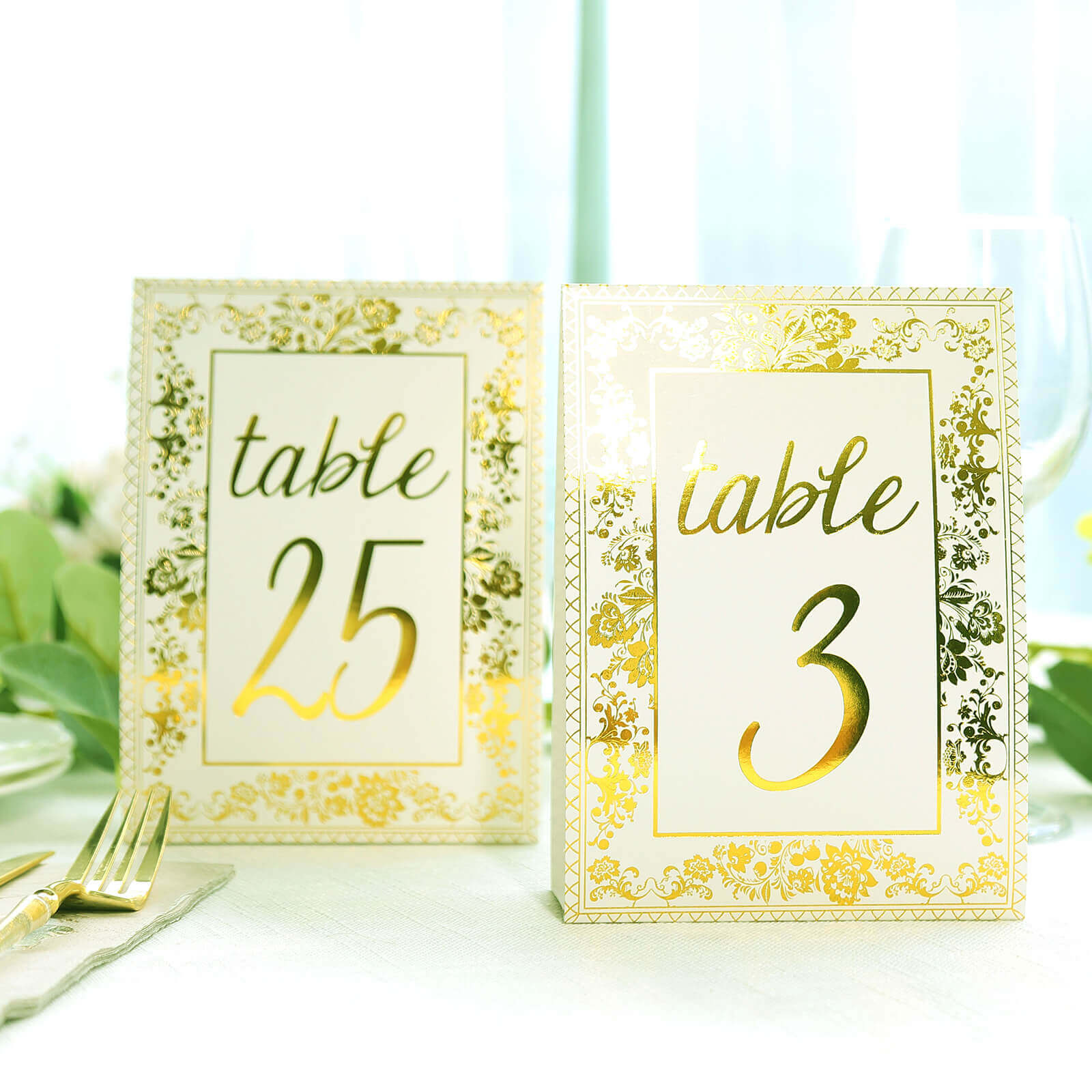 25-Pack Paper Wedding Table Numbers 1-25 White/Metallic Gold French Toile Design - Free Standing Double Sided Table Signs with Glam Gold Foil Numbers 7"