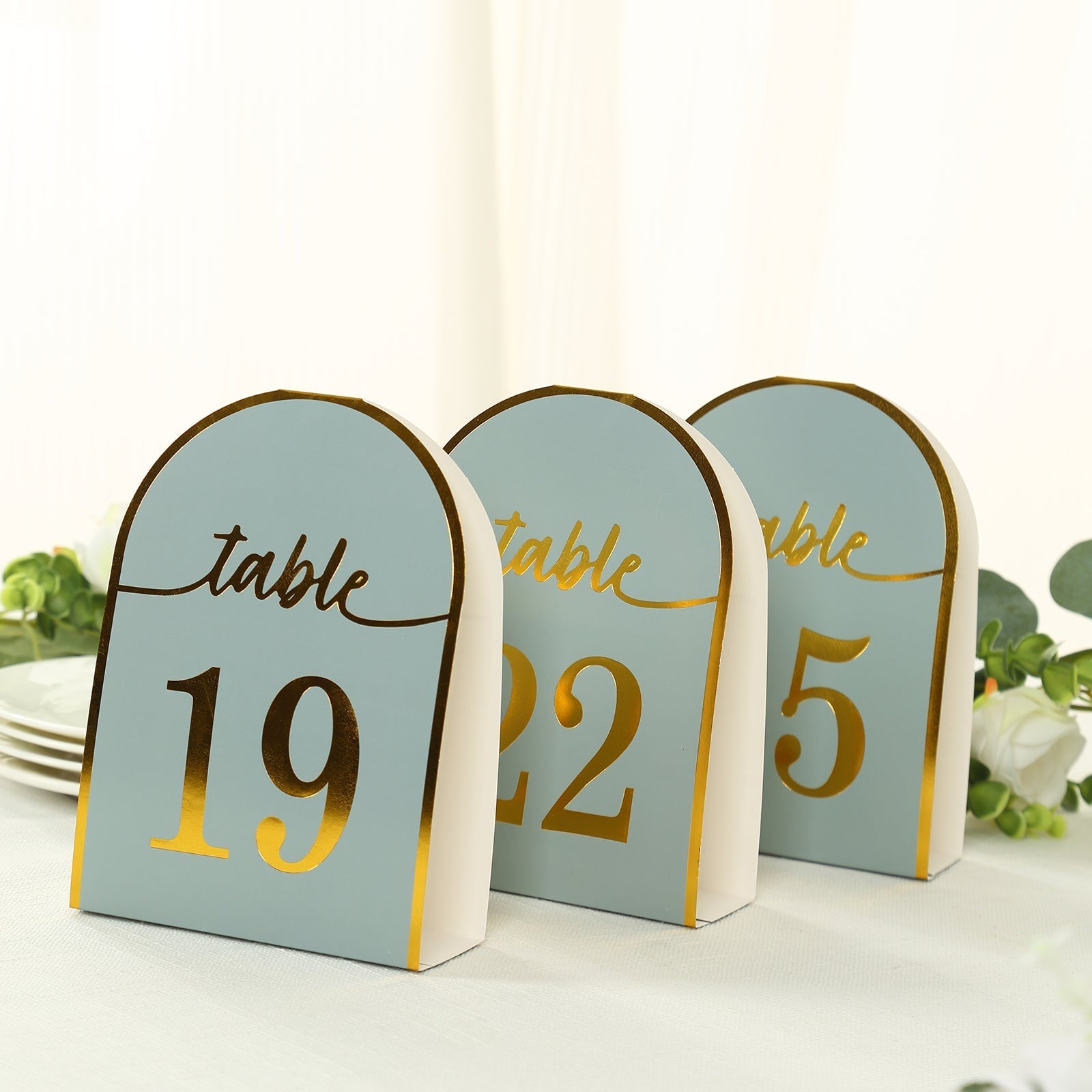 25-Pack Paper Wedding Table Numbers 1-25 Dusty Blue Arch Cutout Design - Sleek & Modern Free Standing Double Sided Table Tent Cards with Metallic Gold Foil Numbers 7"