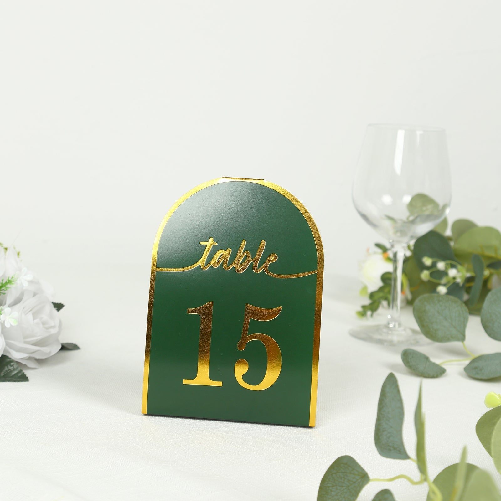 25-Pack Paper Wedding Table Numbers 1-25 Hunter Emerald Green Arch Cutout Design - Sleek & Modern Free Standing Double Sided Table Tent Cards with Metallic Gold Foil Numbers 7"