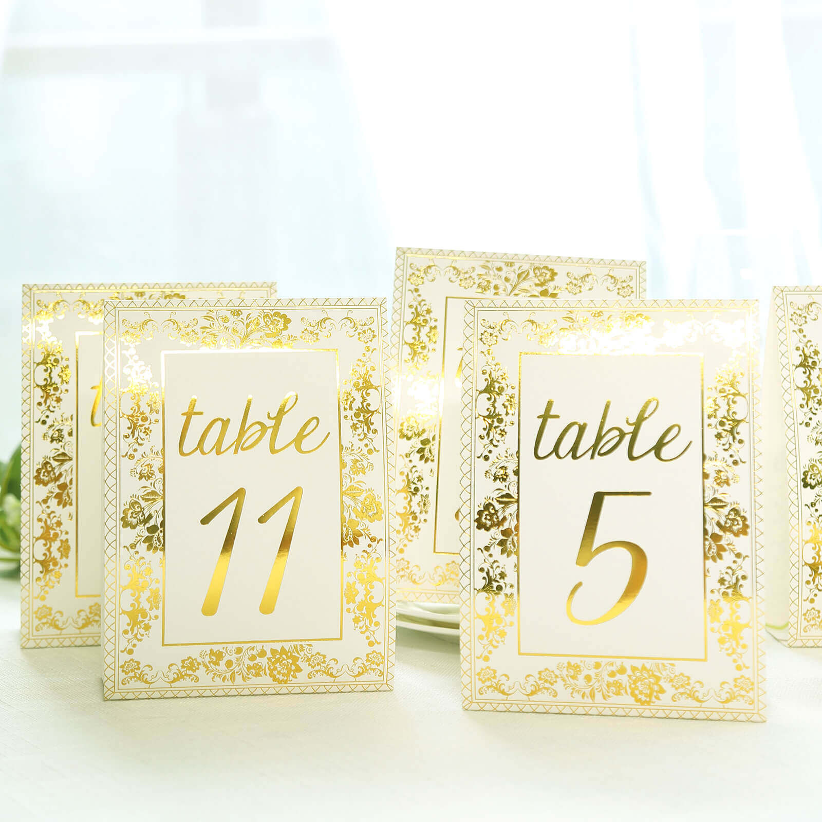 25-Pack Paper Wedding Table Numbers 1-25 White/Metallic Gold French Toile Design - Free Standing Double Sided Table Signs with Glam Gold Foil Numbers 7"