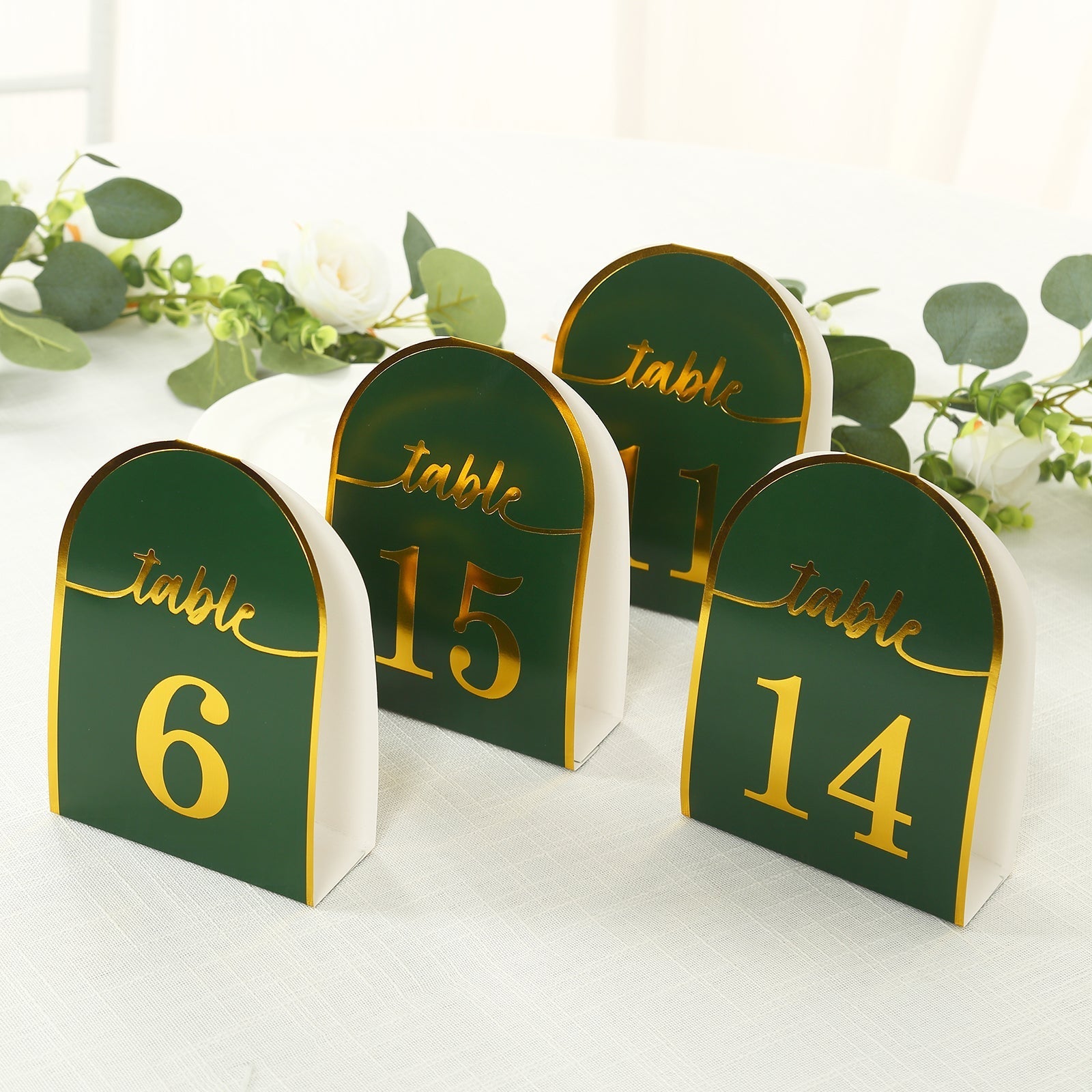 25-Pack Paper Wedding Table Numbers 1-25 Hunter Emerald Green Arch Cutout Design - Sleek & Modern Free Standing Double Sided Table Tent Cards with Metallic Gold Foil Numbers 7"
